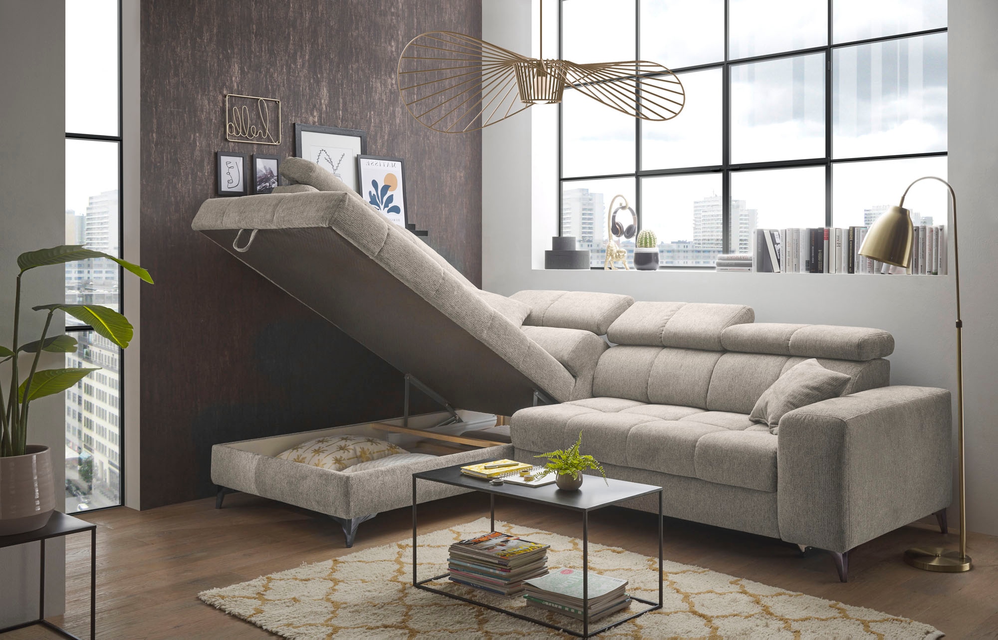 ED EXCITING DESIGN Ecksofa »Sydney L-Form mit Bettfunktion, Bettkasten, Kopfteilverstellung«, motorischer Sitztiefenverstellung, USB-Port & 2 Zierkissen