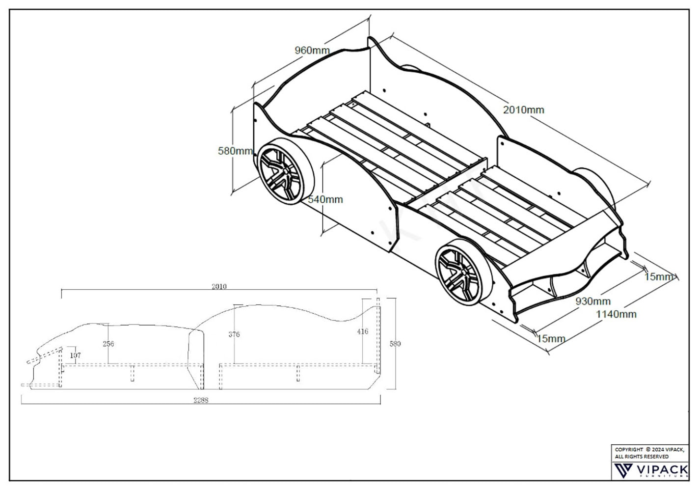 Vipack Autobett »Max 90/200 cm, im Rennwagen-Design, die Show im Kinderzimmer«, (B/H/T ca.: 229x58x114 cm mit Lattenrost und breiten Rädern), tolle Felgen-Optik, glänzend lackiert in 2 Farben erhältlich