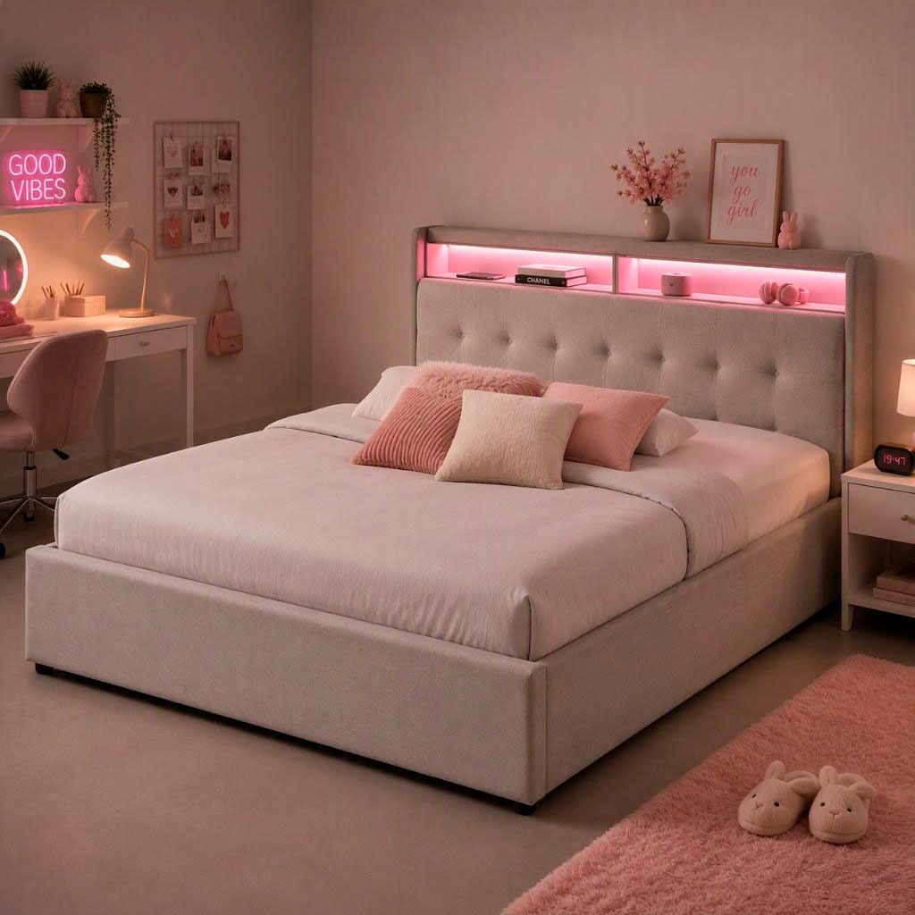 OTTO home Polsterbett »Hamar, beleuchtetes Regal, USB/ USB-C, bis 250 KG belastbar« LED-Licht und USB und USB-C Ladegerät im Kopfteil, Knopfsteppung
