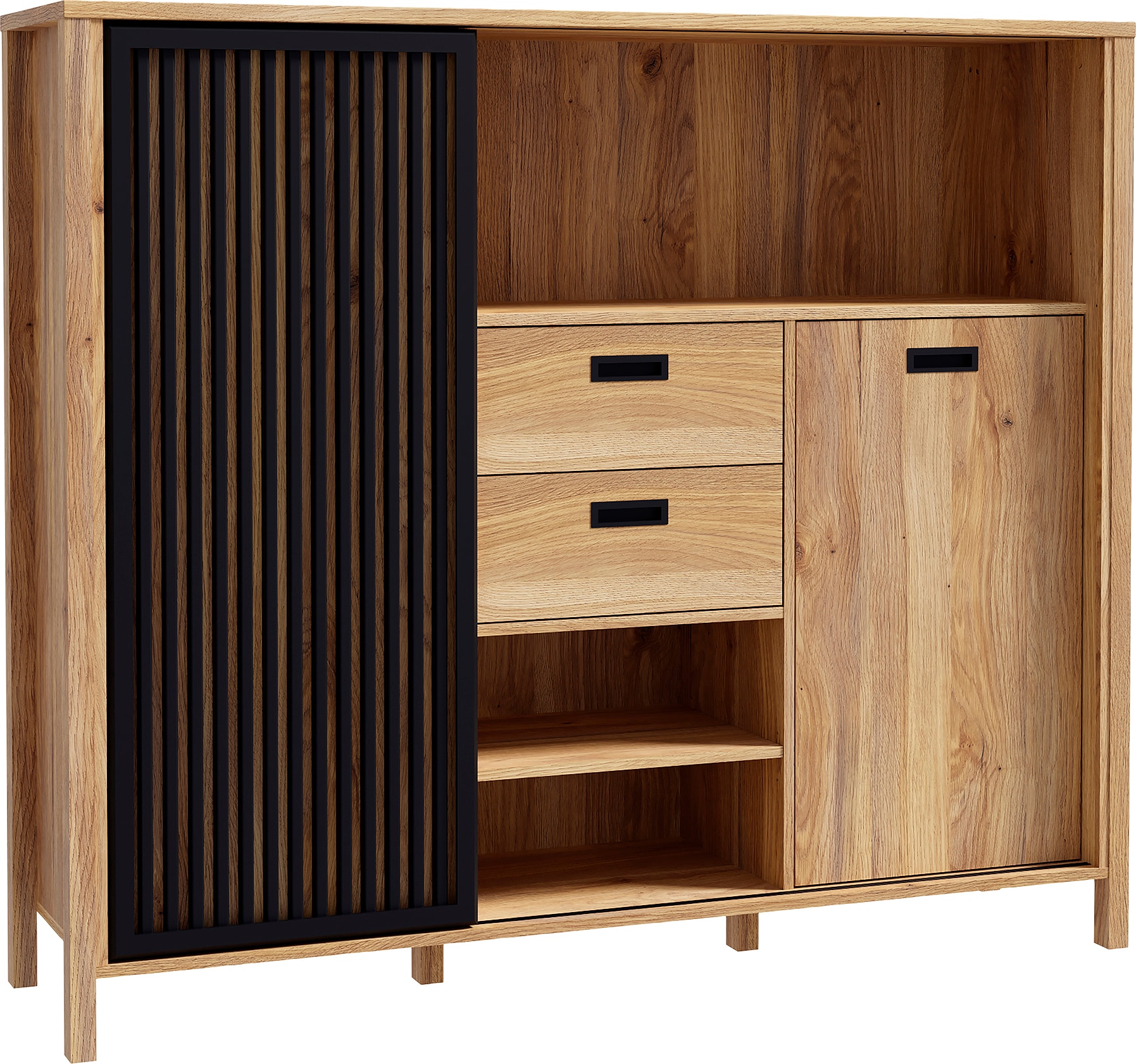 FORTE Highboard »Jytana«, Breite 149,9 cm, Schiebetüre mit Lamellenoptik, Mauvella Eiche/Schwarz