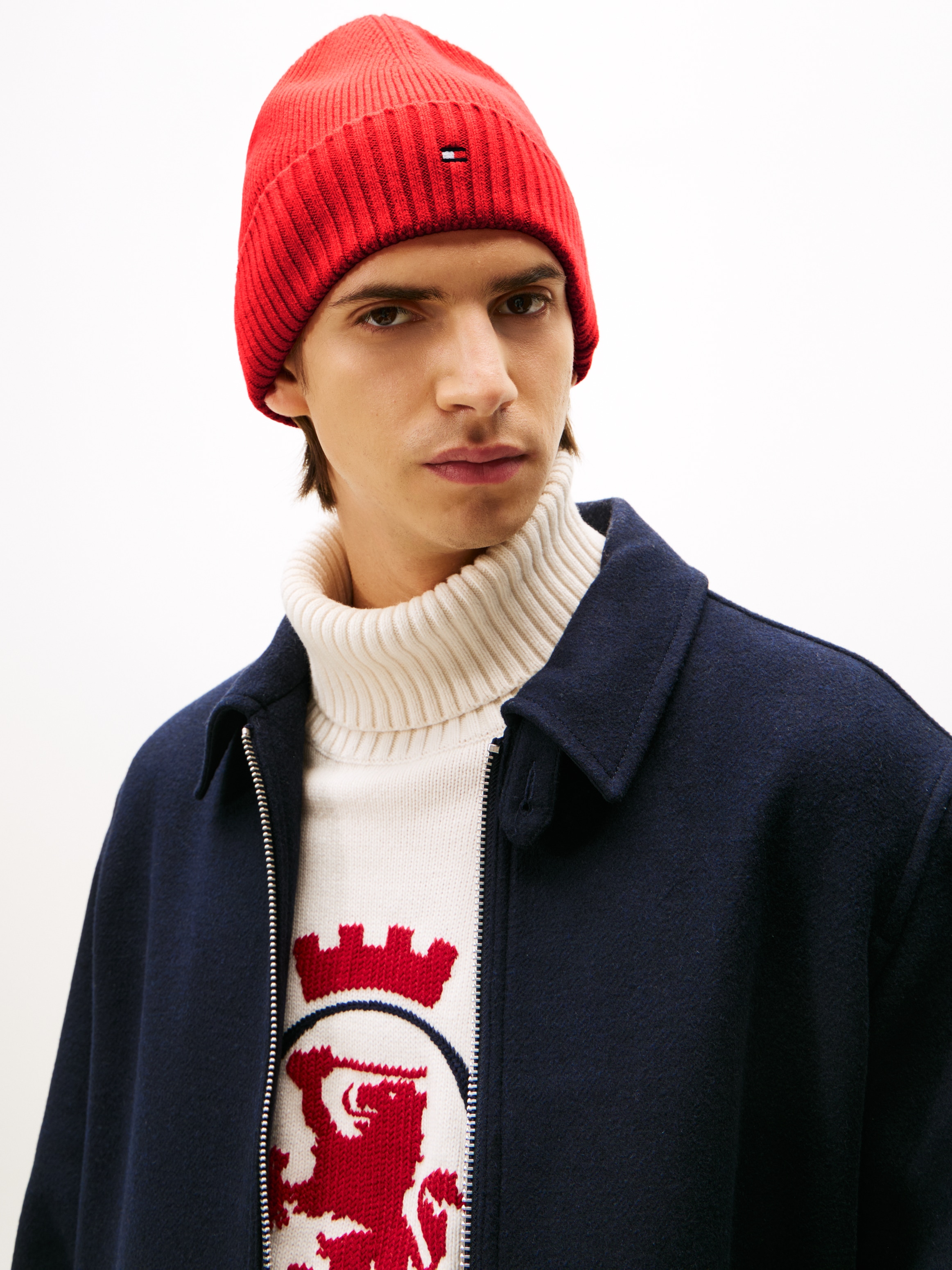 Tommy Hilfiger Strickmütze »TH FLAG PIMA COTTON BEANIE«, Beanie mit Logostickerei, mit Kaschmiranteil Unisex