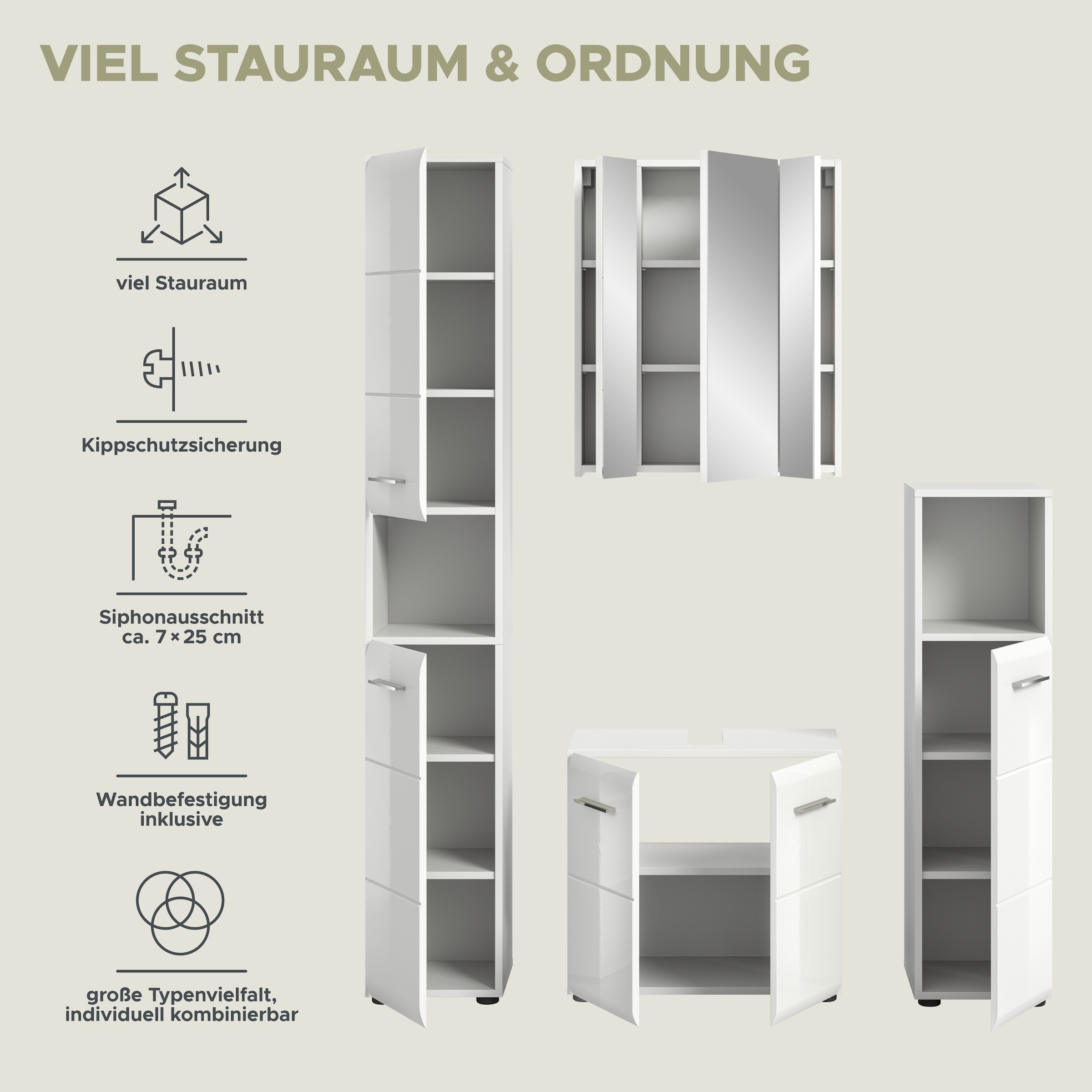 INOSIGN Badezimmer-Set, (Set, 4 St.), Florenz, Badkombination 4-tlg., Weiß hochglanz tiefzieh, Hochschrank