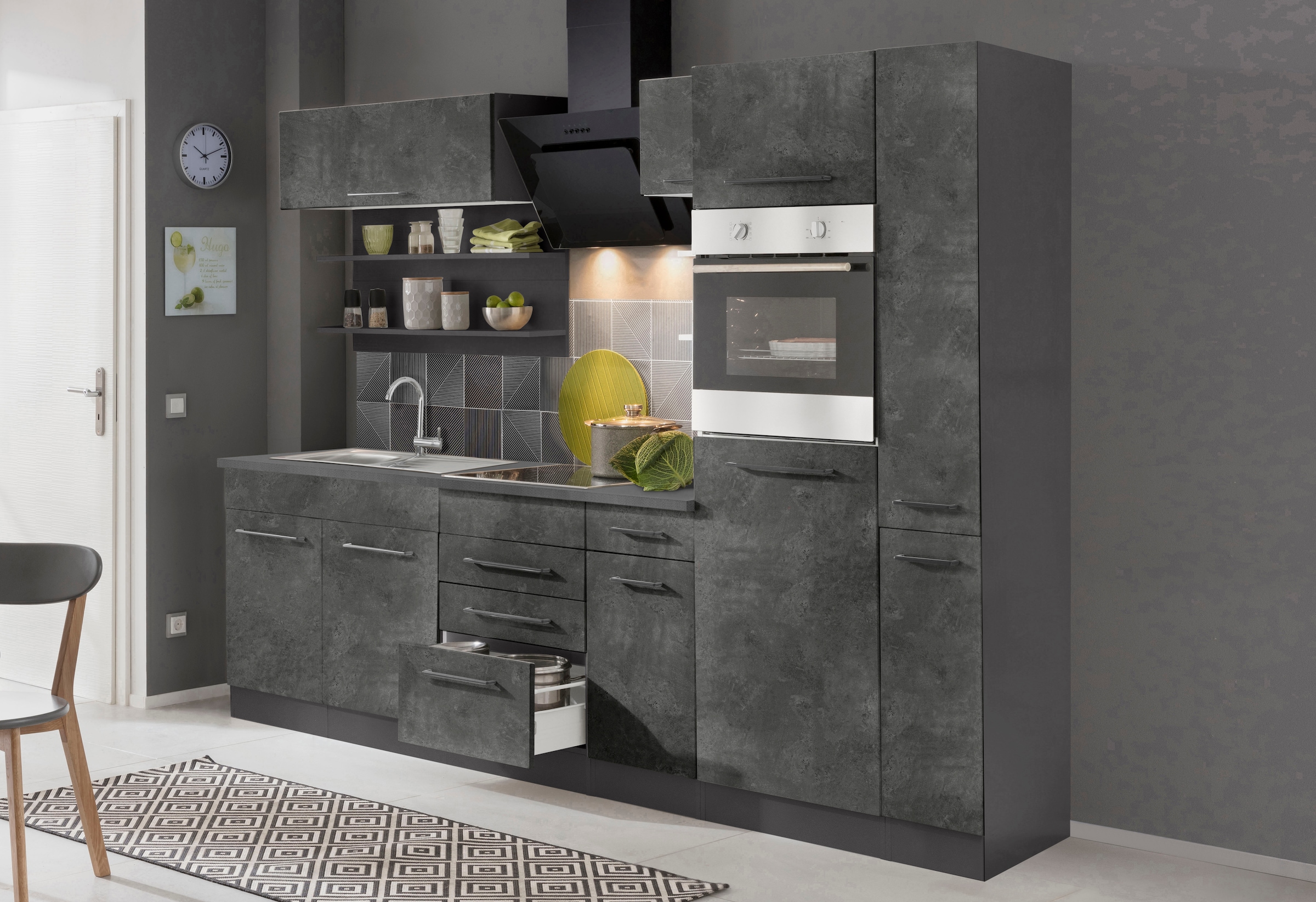 KOCHSTATION Küchenzeile »KS-Tulsa«, mit E-Geräten, Breite 270 cm, schwarze Metallgriffe, MDF Fronten