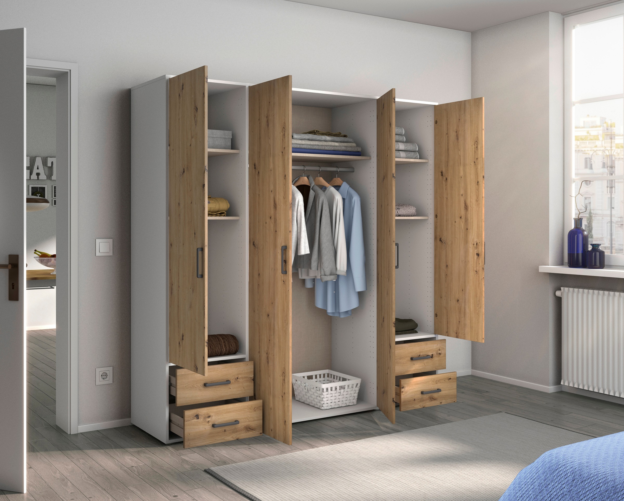 rauch Drehtürenschrank »Kleiderschrank Schrank Garderobe Wäscheschrank VOYAGER«, (in 3 verschiedenen Ausstattungen BASIC/CLASSIC/PREMIUM), moderne Griffe in Graumetallic mit Außenschubkästen MADE IN GERMANY