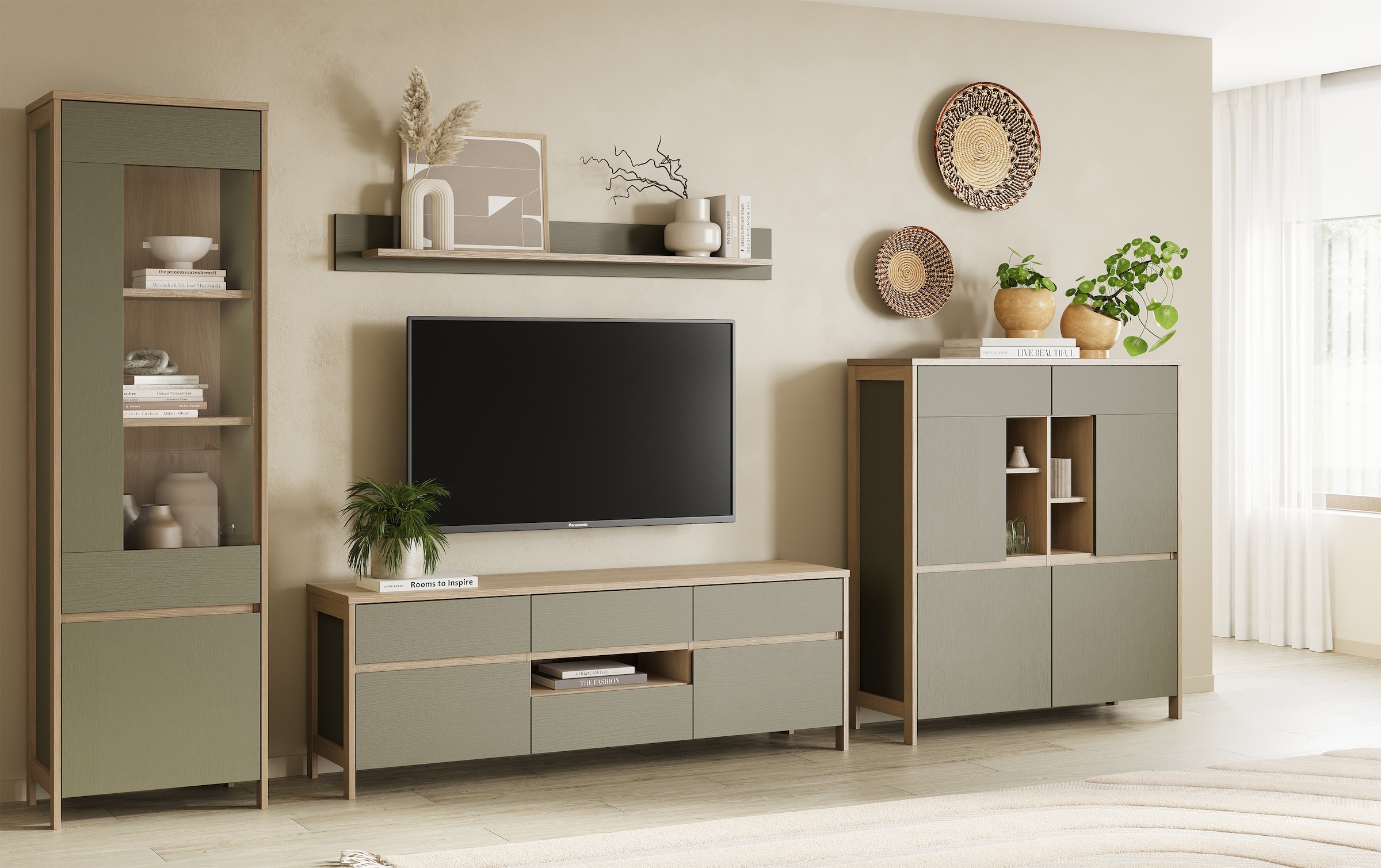 Home affaire Wohnwand »Stranda, moderne Anbauwand, Komplettset im Scandi-Style«, (4 St.), enthält Vitrine, Lowboard, Highboard und Wandboard, 364 cm breit