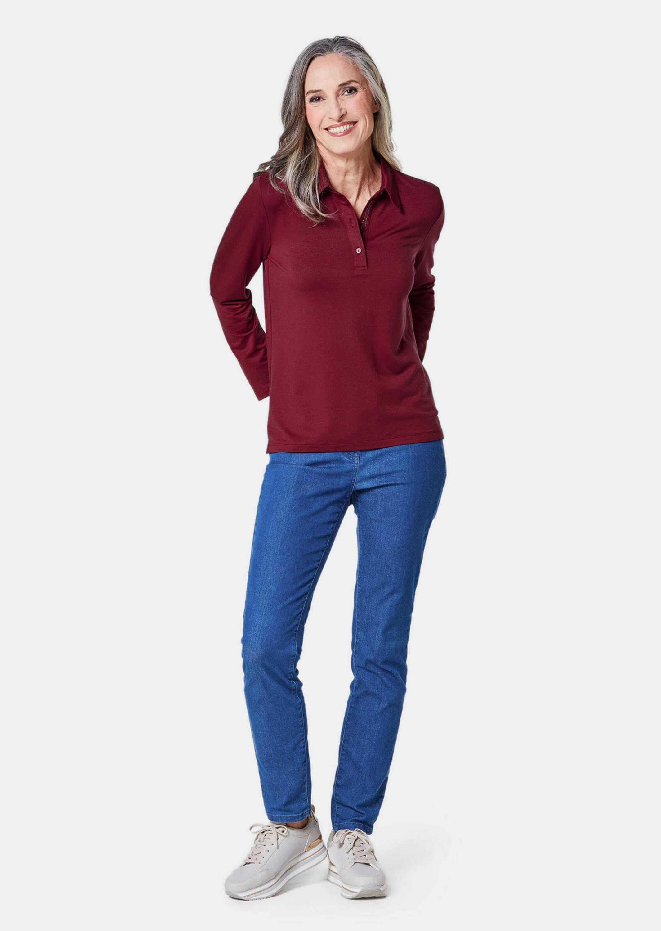 GOLDNER Poloshirt »Poloshirt Langarm Poloshirt mit Schmuckband an Knopfleiste«