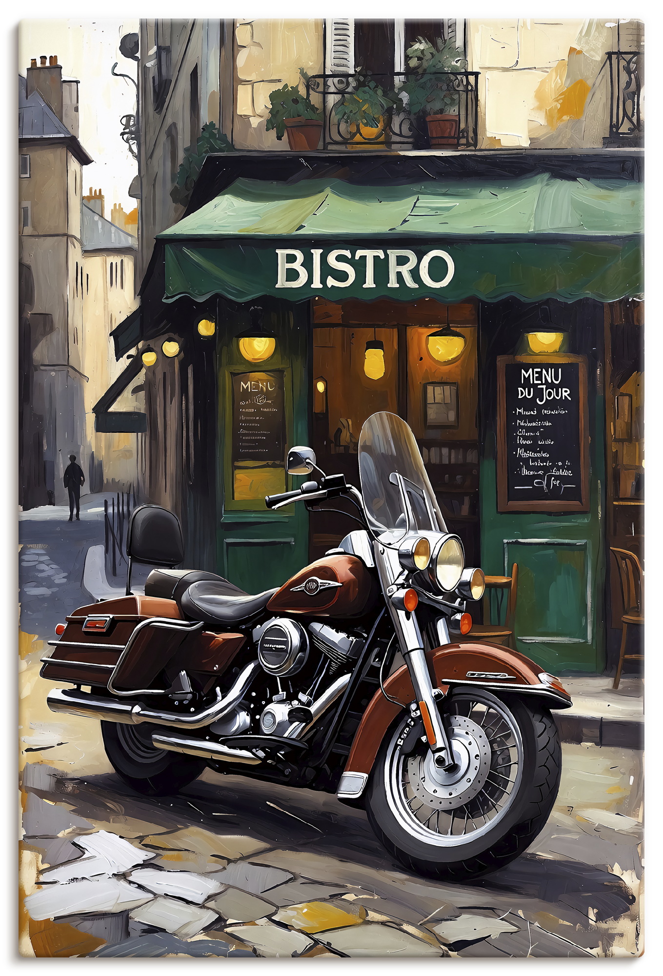 Artland Wandbild "Eine parkende Harley vor einem Bistro" 1 Stk. tlg. als Alubild, Leinwandbild, Poster, Wandaufkleber in verschied. Größen