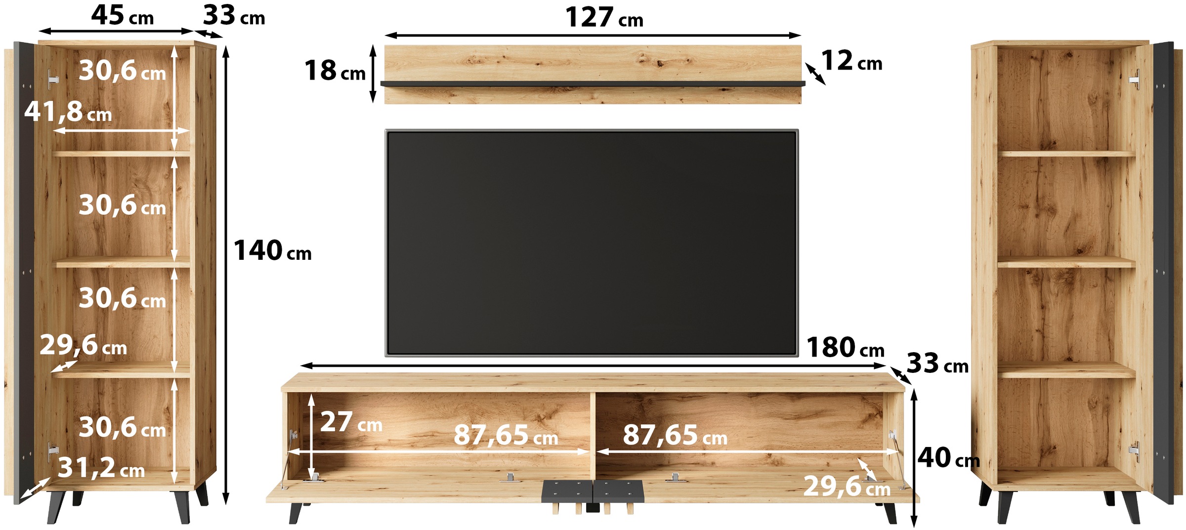 INOSIGN Wohnwand »Helsinki, Modernes Möbelset«, (Komplett-Set, 4 St.), mit lamellengriffen, verstellbaren Einlegeböden und Kunststofffüßen