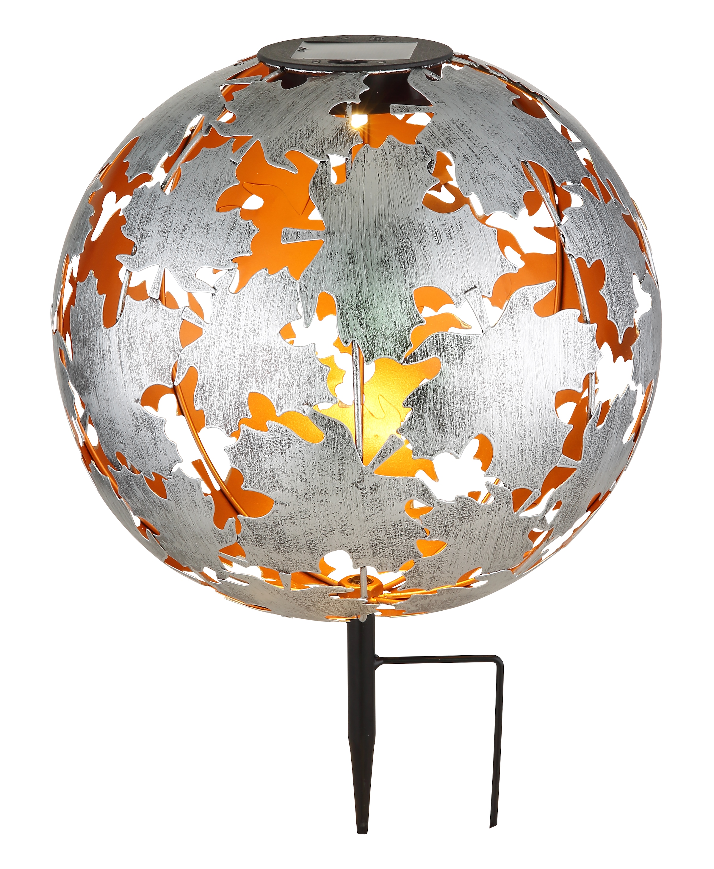 GLOBO LIGHTING LED Solarleuchte »SOLARLEUCHTE METALL SILBERGRAU, 1XLED«, Leuchtmittel LED-Modul | LED fest integriert, Solar/IP44/Ahornblätter/Kugel/3000K