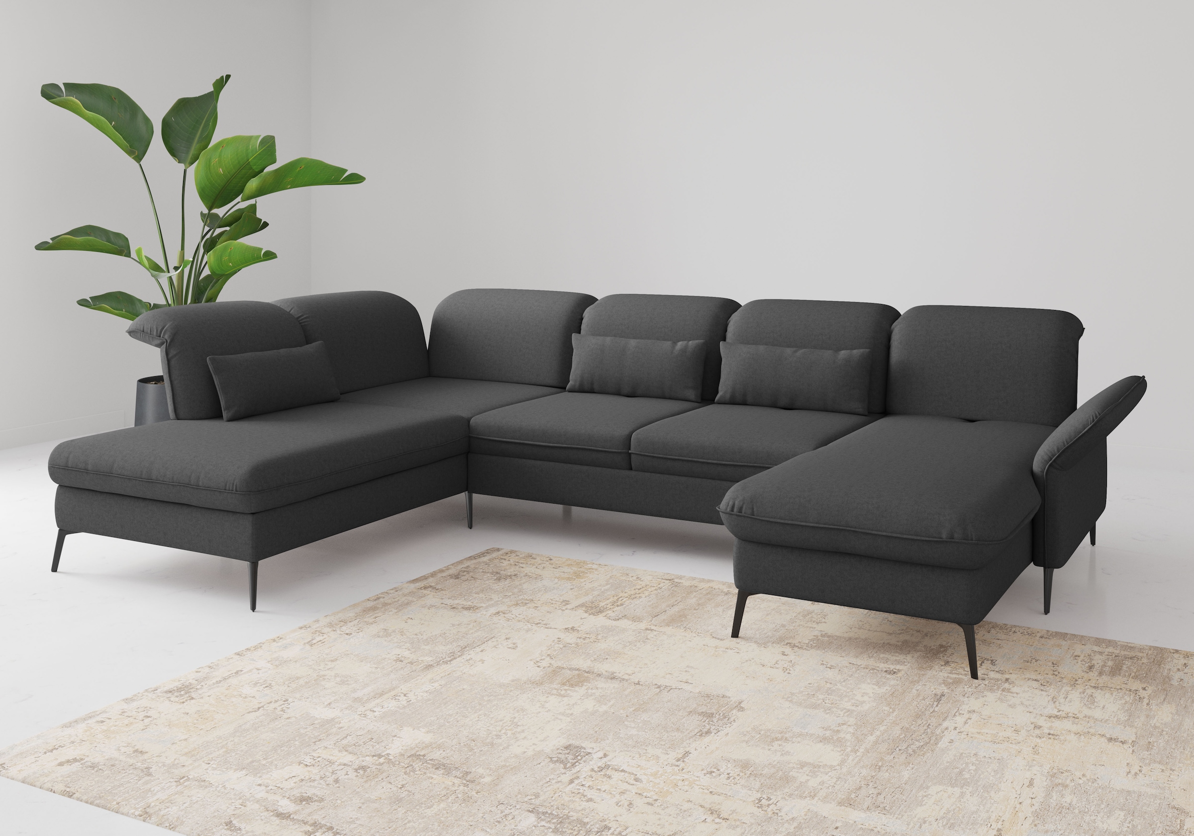 Wohnlandschaft SIT & MORE "Emely, inkl. Sitztiefenverstellung", grau (dunkelgrau), B:359cm H:92cm T:231cm, 95%Polyester, 5% Polyamid, Sofas, Wohnlandschaft, wahlweise mit Bettfunktion,Bettkasten,Kopf- & Armteilverstellung