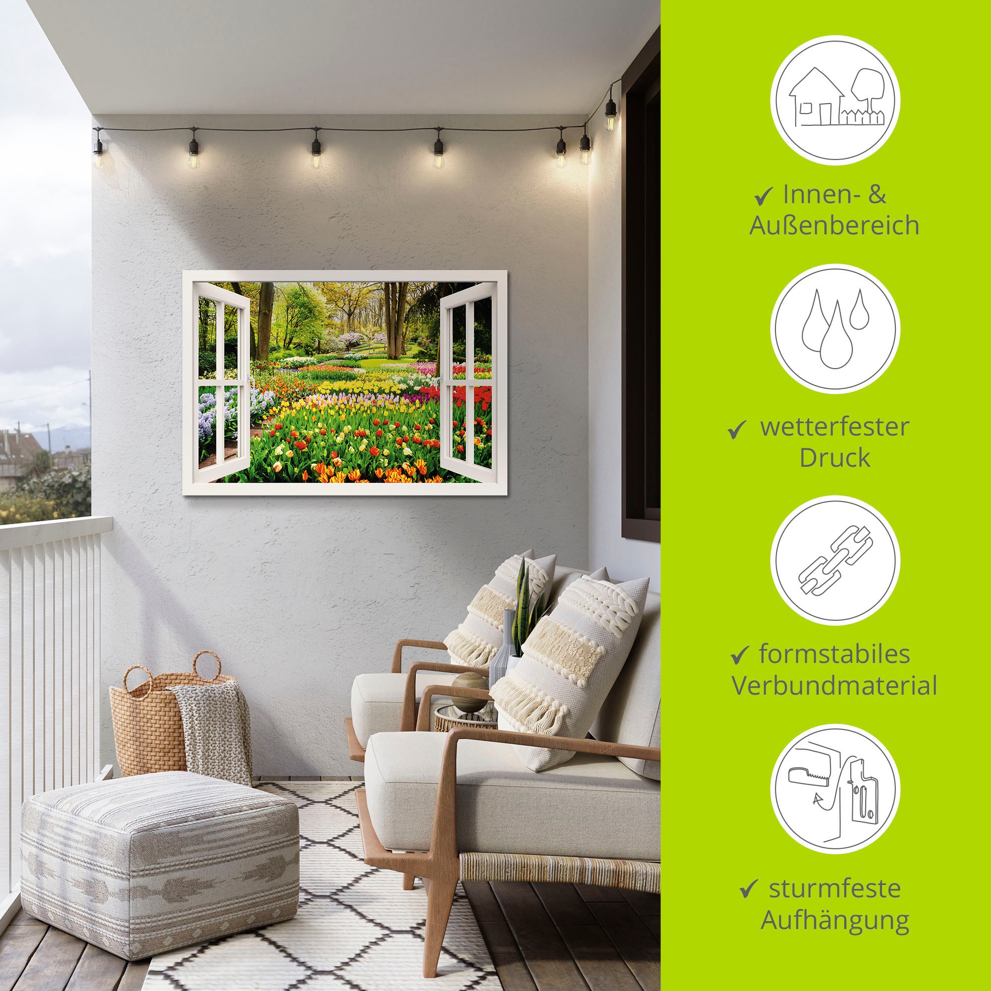 Artland Wandbild »Fensterblick Tulpen Garten Frühling«, Fensterblick, (1 St.), als Alubild, Outdoorbild, Leinwandbild, Poster, Wandaufkleber