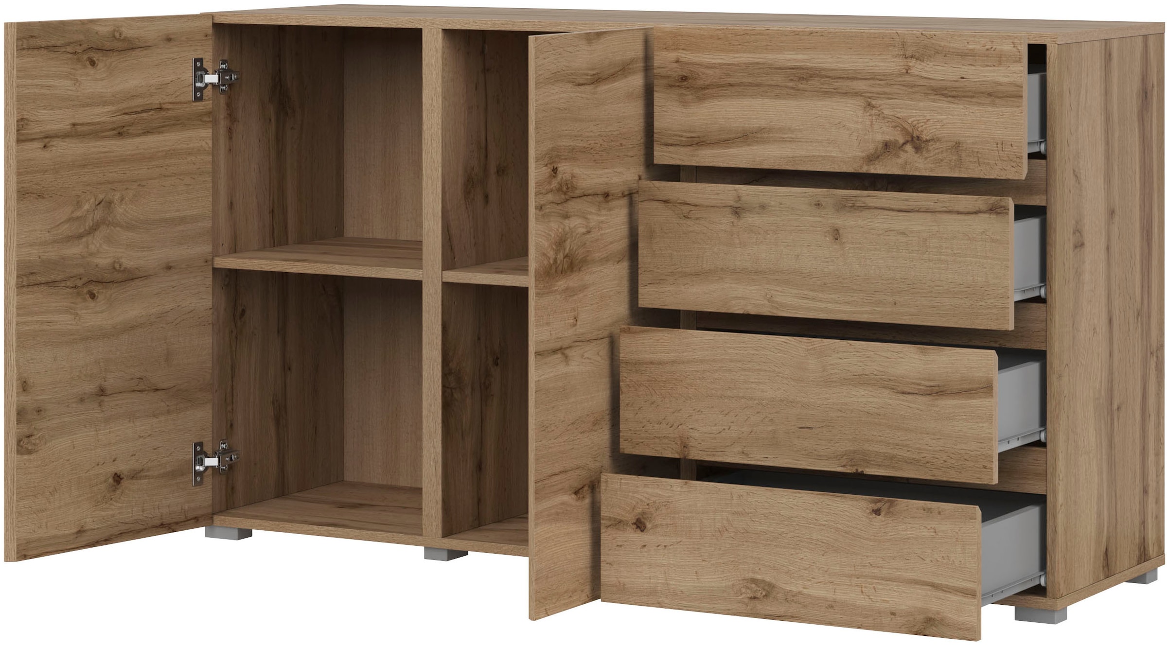 INOSIGN Sideboard »Asymetric, Breite 138 cm, grifflose Kommode 2 Türen/4 Schubkästen«, Schubladenschrank mit viel Stauraum, Einlegeböden verstellbar