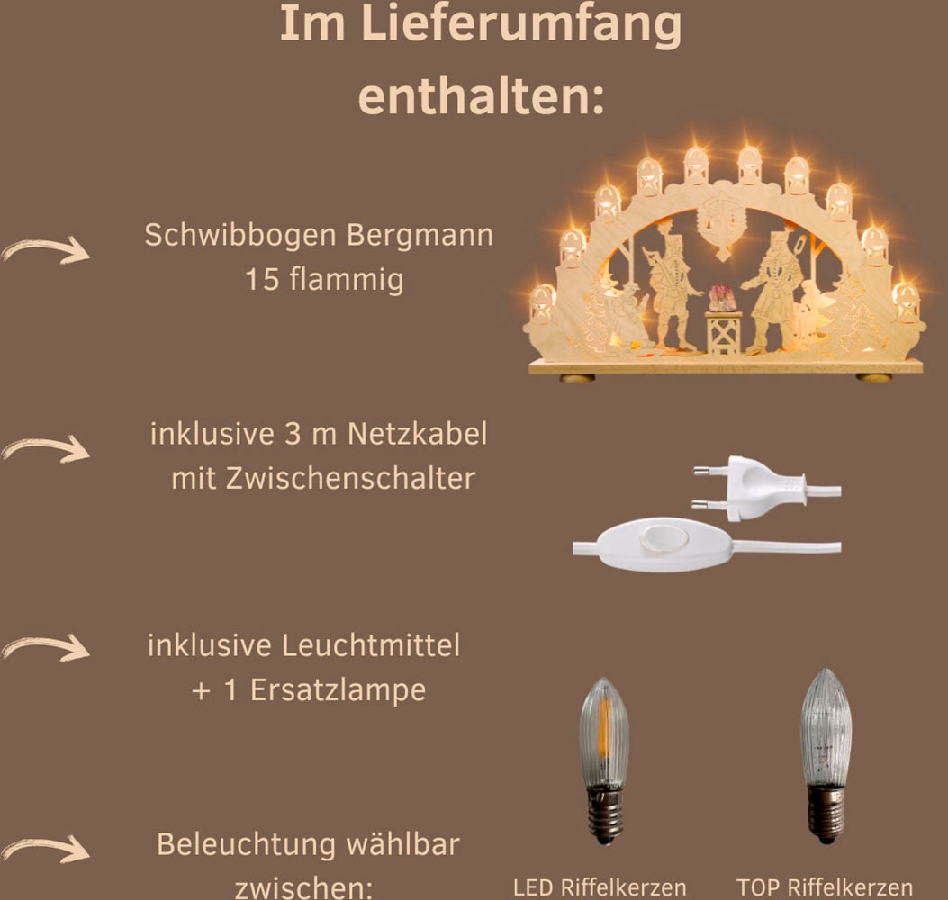Thumbnail - Weigla LED Schwibbogen "Bergmann mit Amethyst, Lichterbogen aus Holz, NATUR", Erzgebirge garantiert, Weihnachtsdeko Inne...