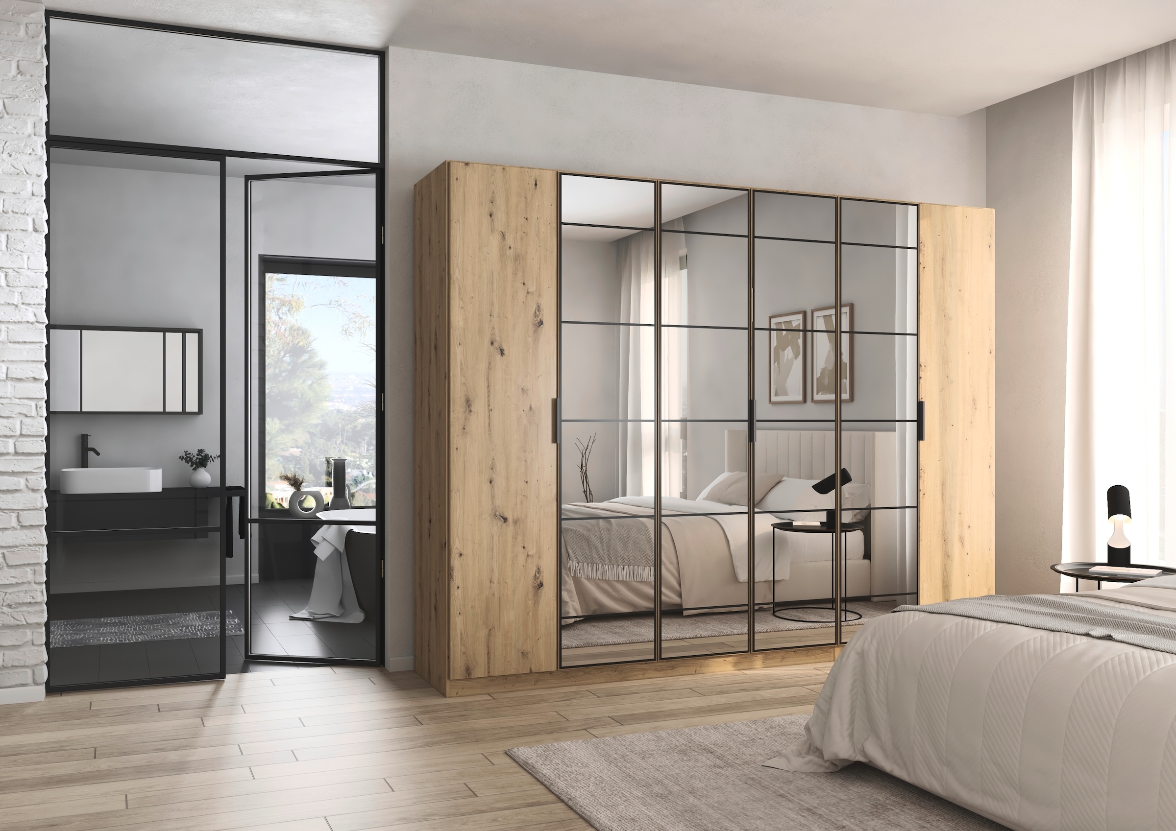 rauch Drehtürenschrank »Kleiderschrank Schrank Garderobe Schlafzimmerschrank ACERO«, (Breiten 181/226/271 cm, Höhe 210 cm), Mitteltüren mit Spiegel in moderner Loft-Optik MADE IN GERMANY