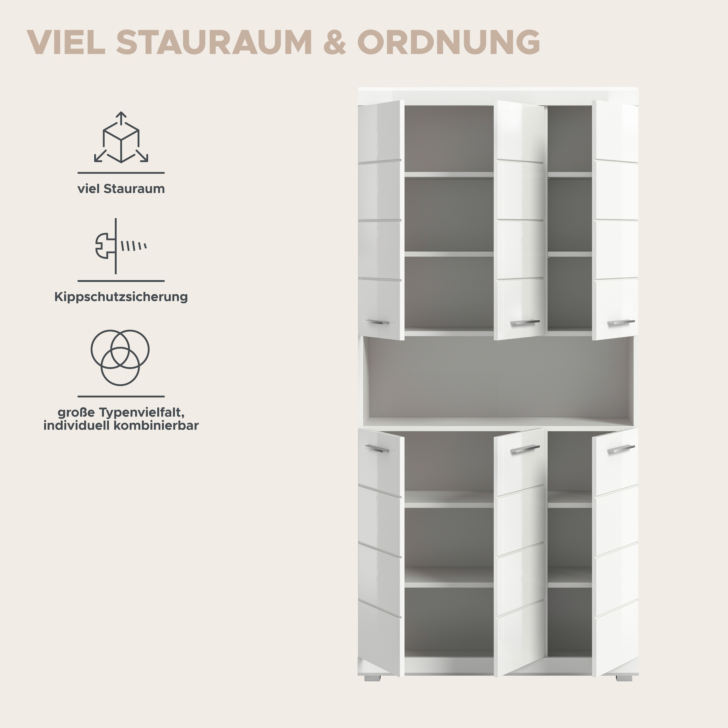 welltime Hochschrank »SIENA, Höhe 191cm, 6 Türen, 1 offenes Fach, 8 Einlegeböden, MDF-Front« TOPSELLER! Viel Stauraum,  Badmöbel, Badschrank, Badezimmer, Mehrzweckschrank, Universalschrank