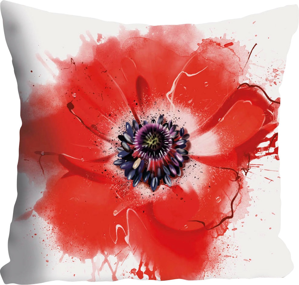 queence Dekokissen »Vicky«, Kissenhülle,Weißer Hintergrund,Mohnblumen,Florales Design,Zart,Rot