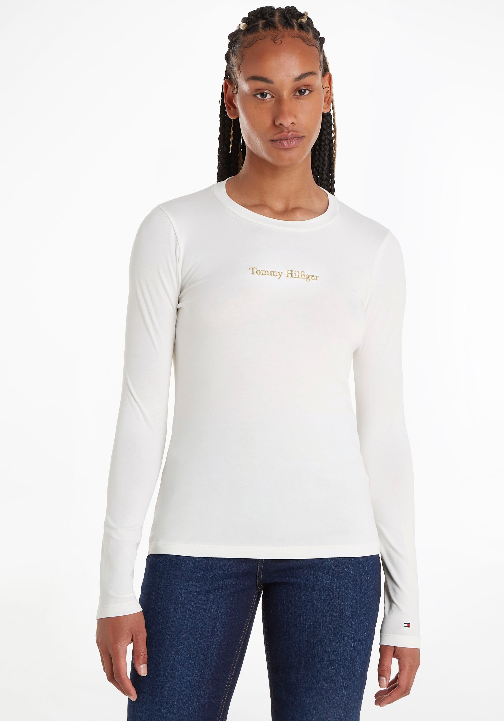 & kaufen Hilfiger Print Hilfiger METALLIC C-NK für Langarmshirt »SLIM metallicfarbenen LS«, NY mit Tommy Markenlabel Tommy | BAUR