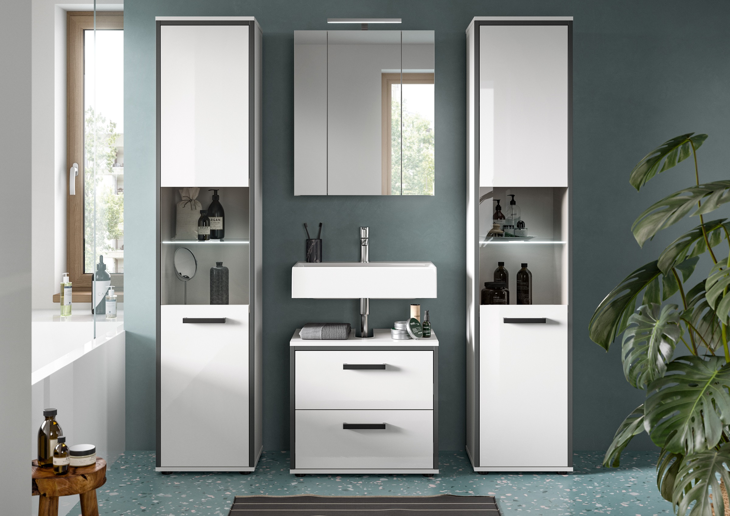 welltime Badmöbel-Set "KAJO, 4-tlg. Badkombination, weiß hochglanz inkl.Bel günstig online kaufen