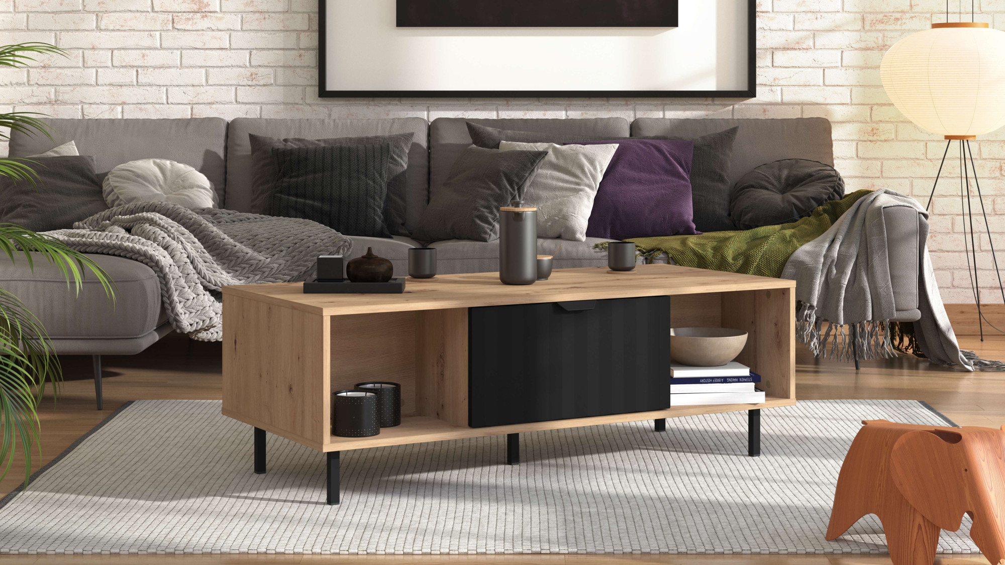 Home affaire Couchtisch "Vandea, 120 cm, modernes Design mit viel Stauraum, rechteckig", Vier offene Fächer und ein gesc