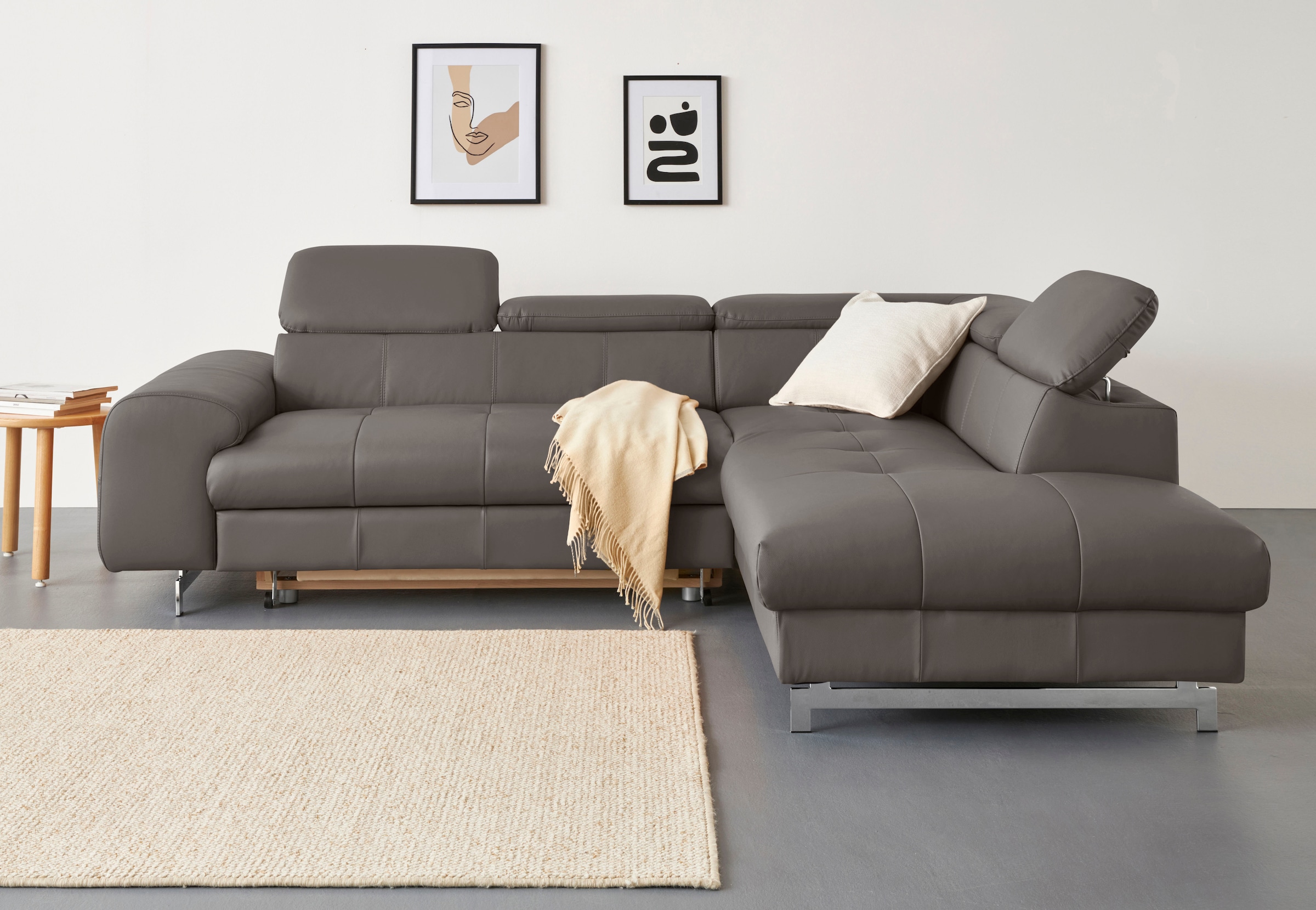 COTTA Ecksofa "Chef L-Form, B: 257cm, Leder, inkl. Kopfteilverstellung" optionale Schlaffunktion, moderne Metallkufen H 12cm, Wellenfederung