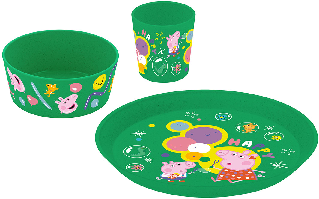KOZIOL Kindergeschirr-Set "CONNECT PEPPA PIG POP", 3 Stk., grün, Geschirr-Sets, (Kleiner Teller + Schale + Becher), melaminfrei