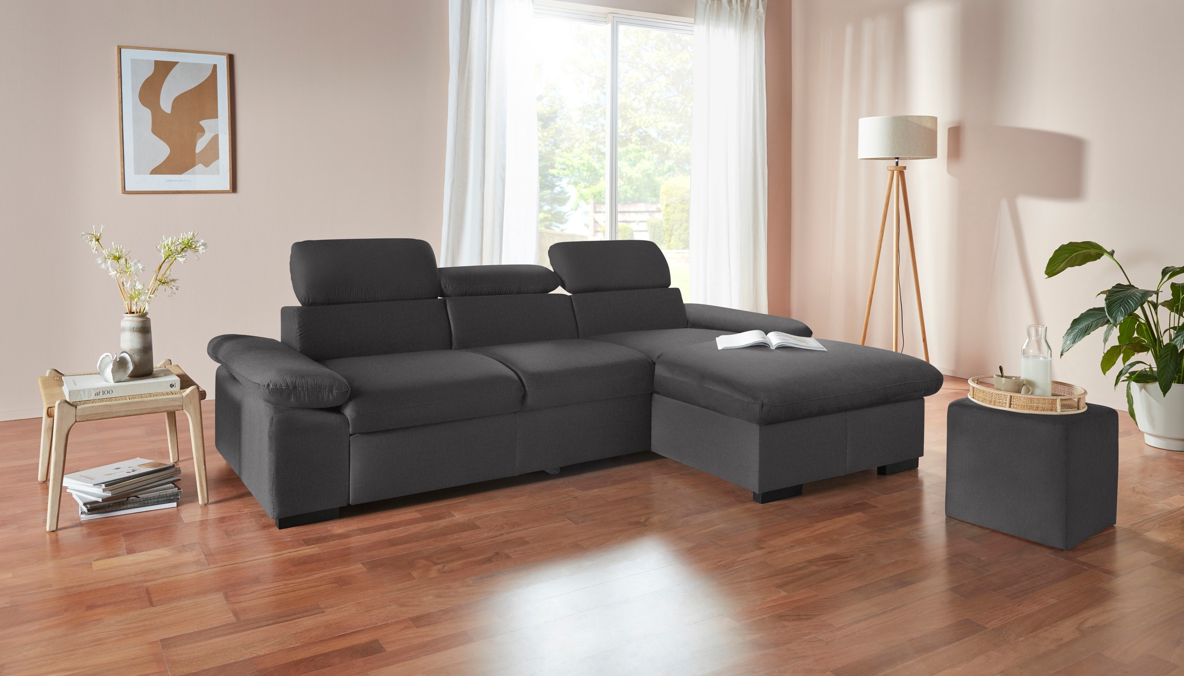 COTTA Ecksofa »Lola L-Form mit Kopfteilfunktion & Hocker«, (Set, mit Hocker), wahlweise mit Bettfunktion, Bettkasten & Armteilverstellung