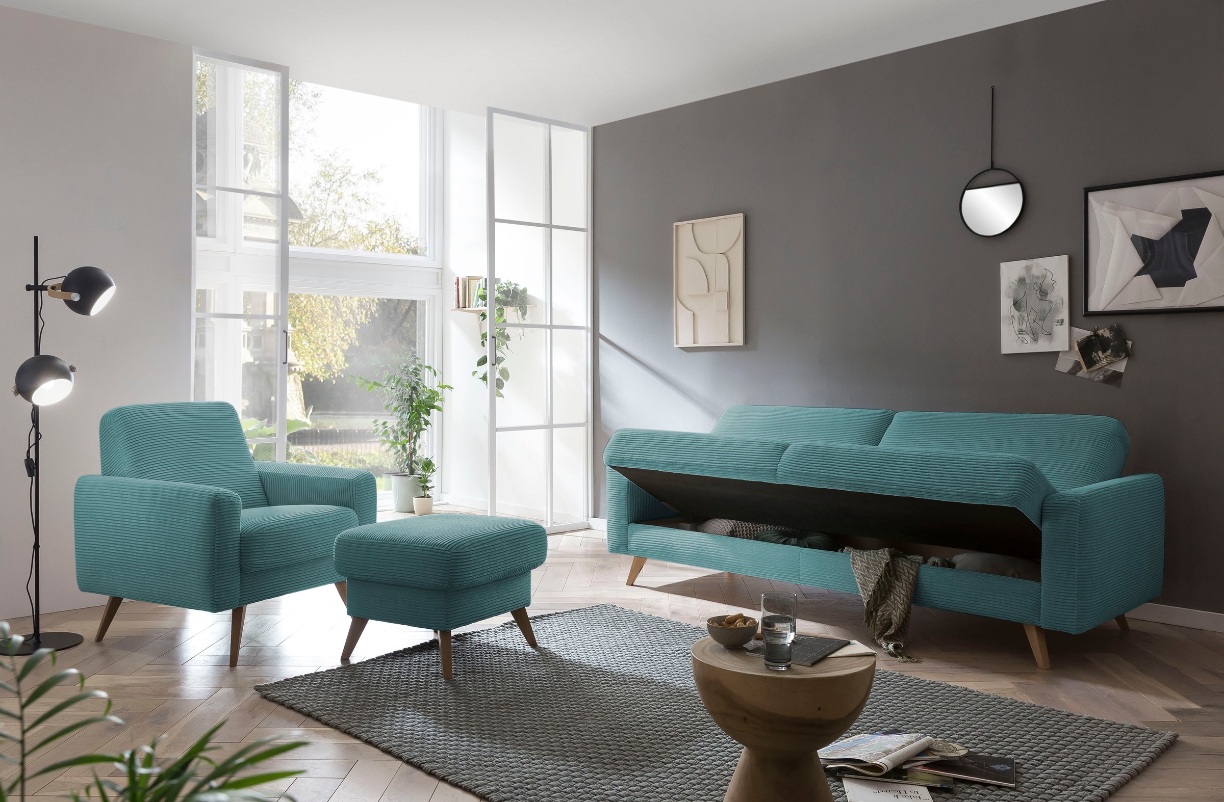 exxpo - sofa fashion 3-Sitzer »Samso, elegant und bequem, aktueller Cord Bezug, Kippcouch«, hochwertige Verarbeitung, Schlafsofa inkl. Bettfunktion und Bettkasten