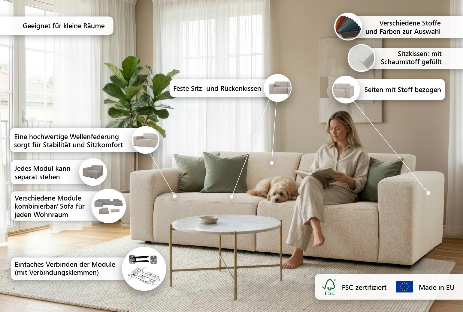 Thumbnail - OTTO home 3-Sitzer "Koa, 228 cm, Modulsofa in Cord, Chenille, Struktur, Webstoff" Designsofa, weicher Lounge-Sitzkomfort...