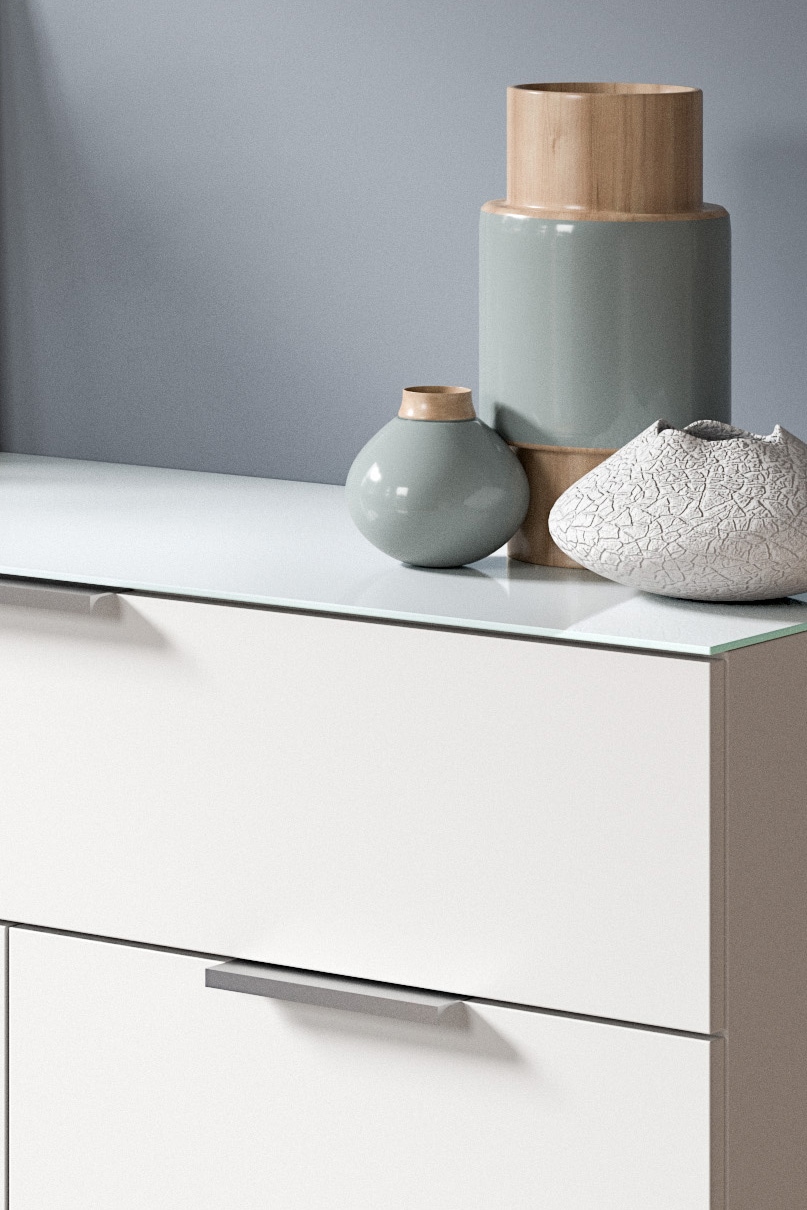 INOSIGN Kommode »Raio, Breite 90 cm, 2 Türen, 1 Schubkasten, Oberboden mit Glasplatte«, Anrichte, Sideboard, Highboard, Schrank