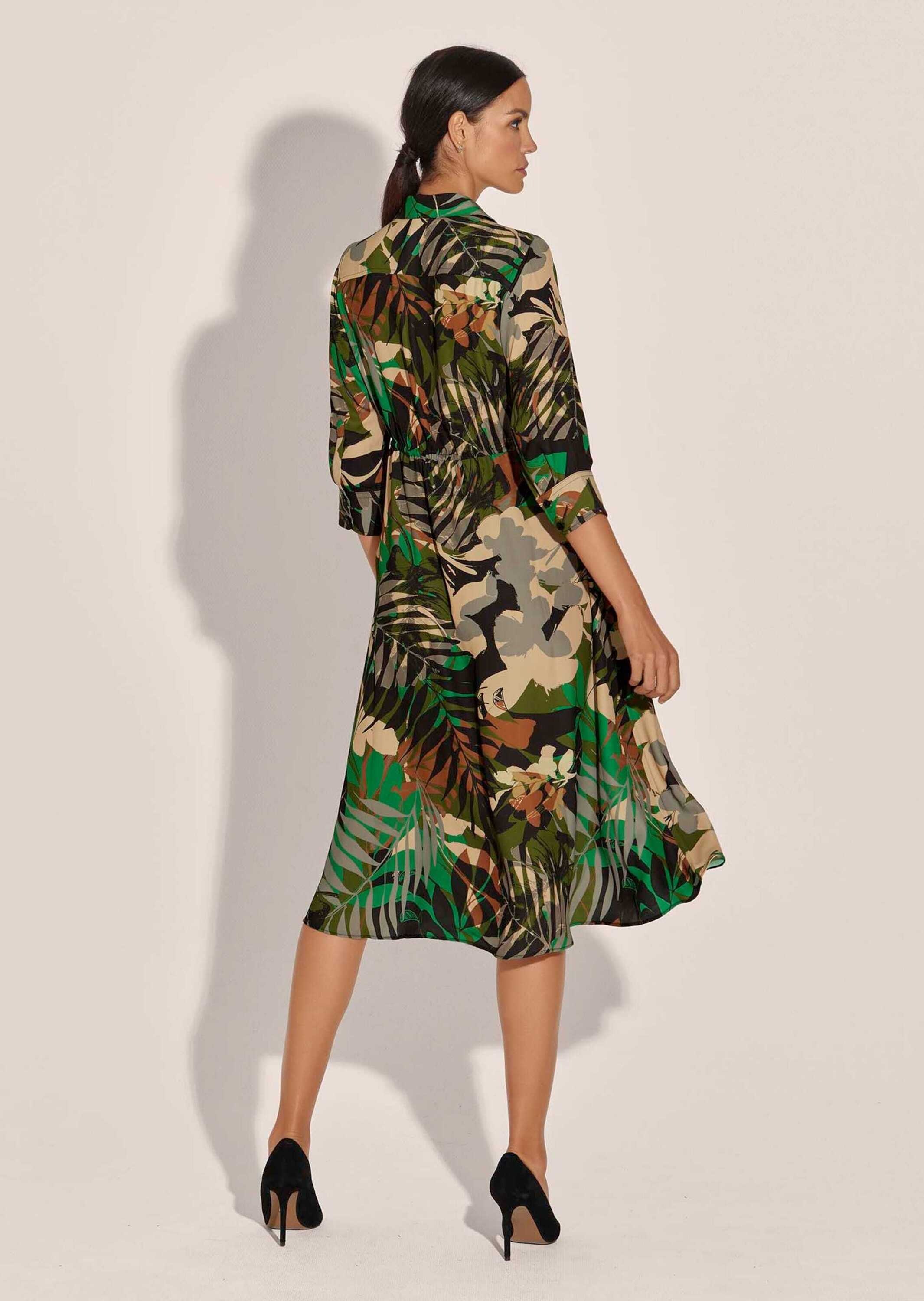 Midikleid MADELEINE "Kleid Bedrucktes Kleid mit Rocktaschen", Damen, Gr. 42, N-Gr, schwarz (schwarz, cognac, khaki), Obermaterial: 100% Viskose CV., Modern, figurumspielend, Kleider Midikleid 3