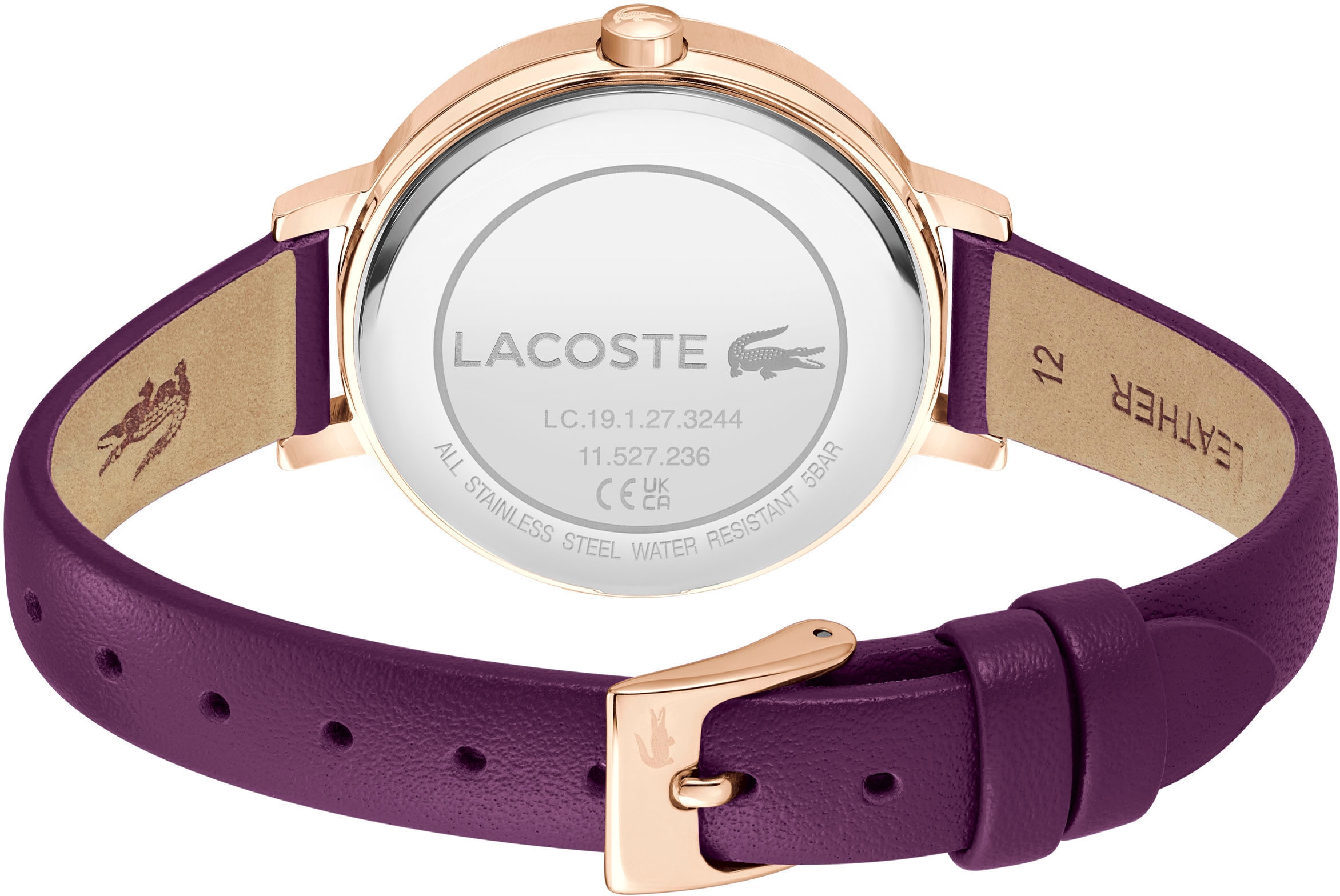 Lacoste Quarzuhr »RIGA«, Armbanduhr, Damenuhr, Lederarmband, analog, Glaskristalle