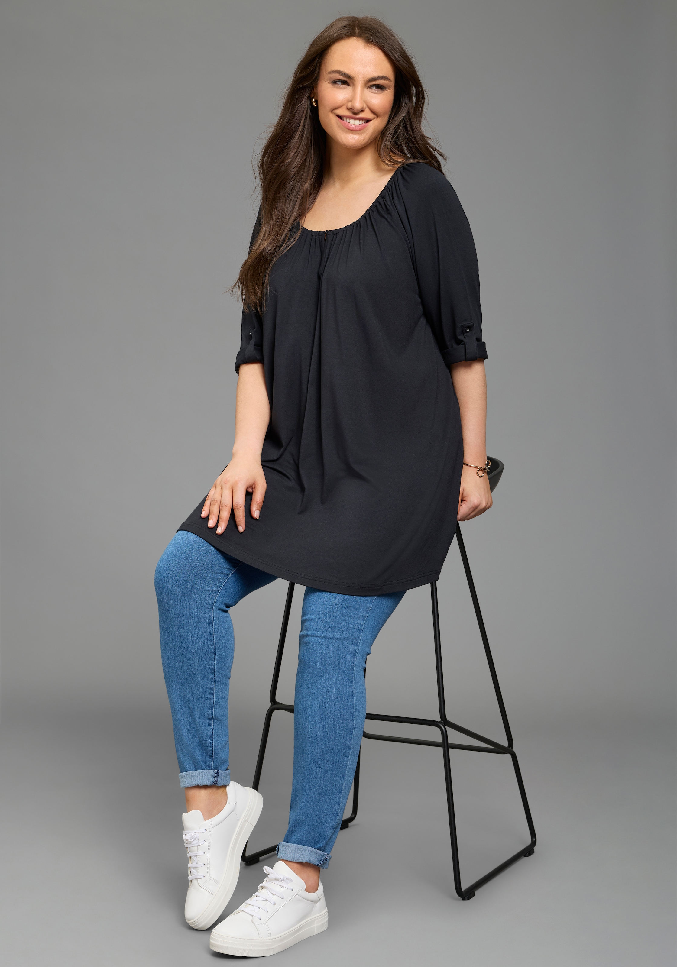 Laura Scott CURVE Longshirt im A-Shape mit krempelbaren Ärmeln günstig online kaufen