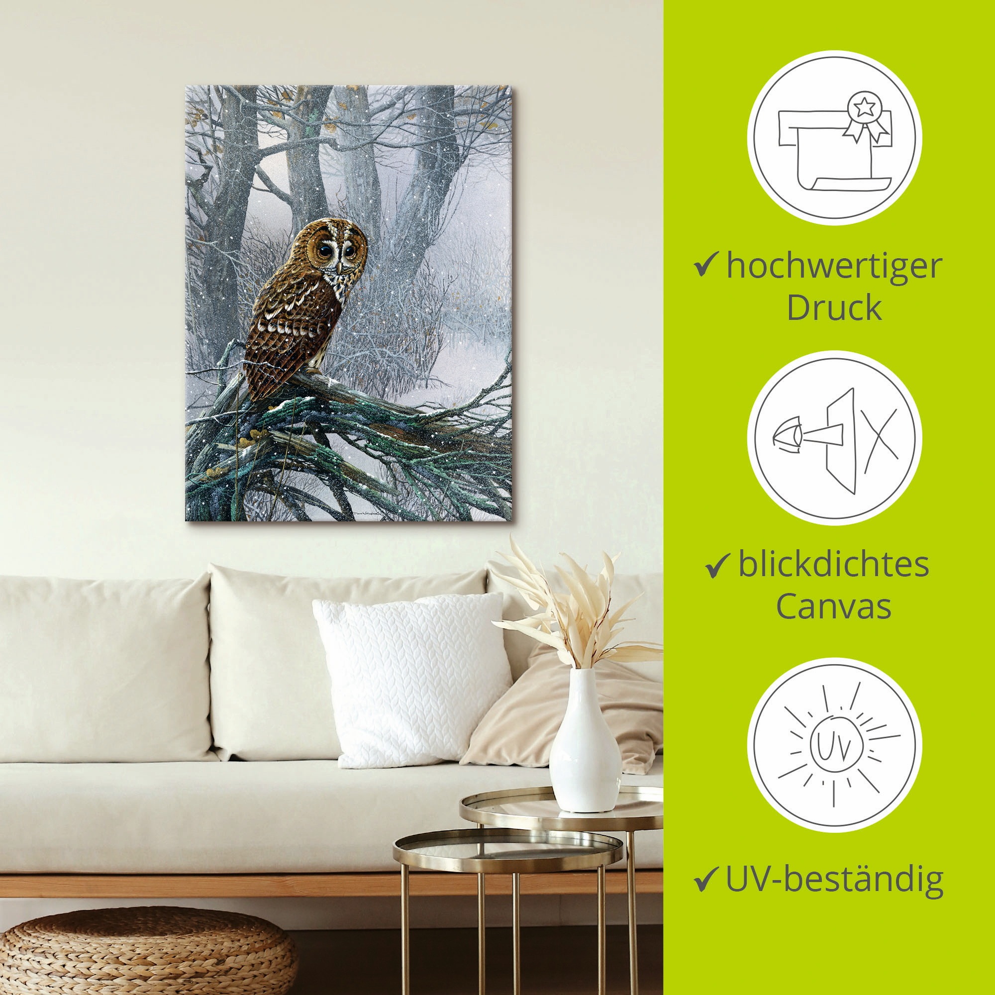 Artland Wandbild »Eule in verschneitem Wald«, Vögel, (1 St.), als Leinwandbild, Poster in verschied. Größen