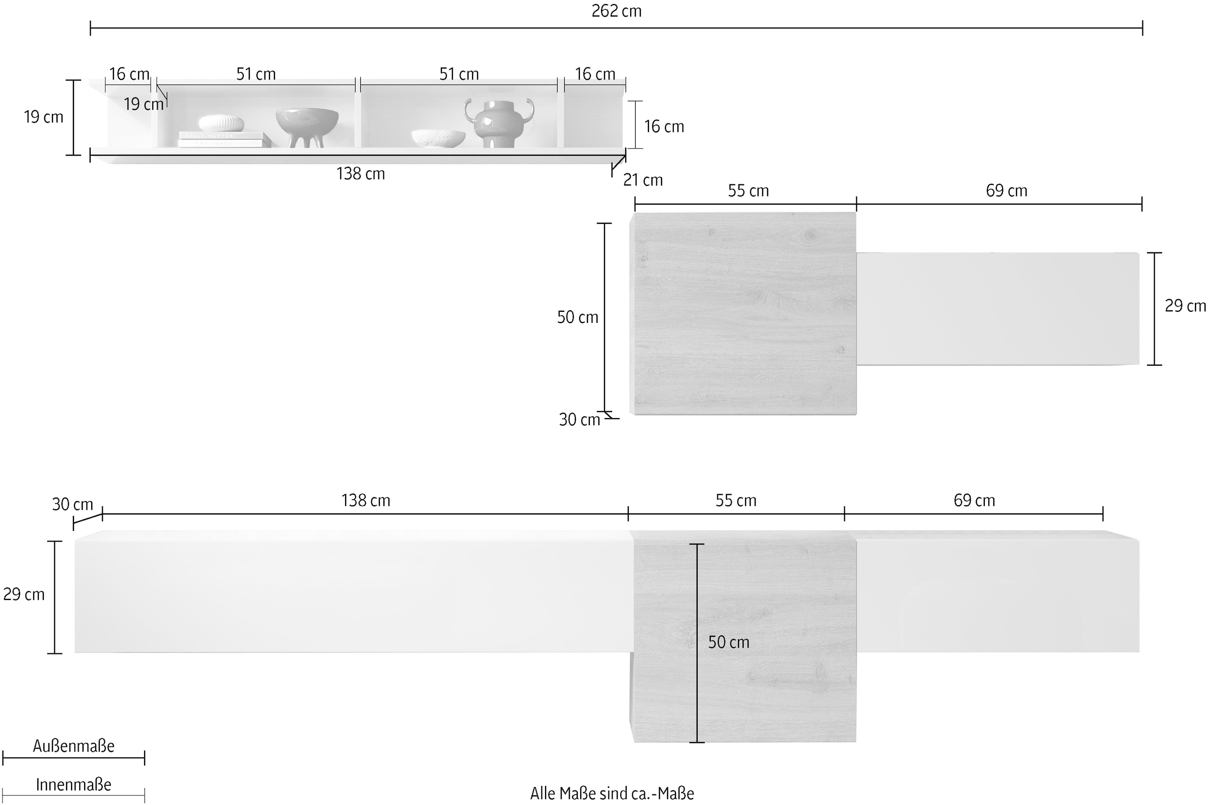 INOSIGN Wohnwand »INFINITY, 6tlg. Breite 262 cm, Höhe variabel, Schrankwand, Anbauwand«, (Lowboard hängend, 2x Hängeschrank, 2x Hängewürfel, Wandregal)