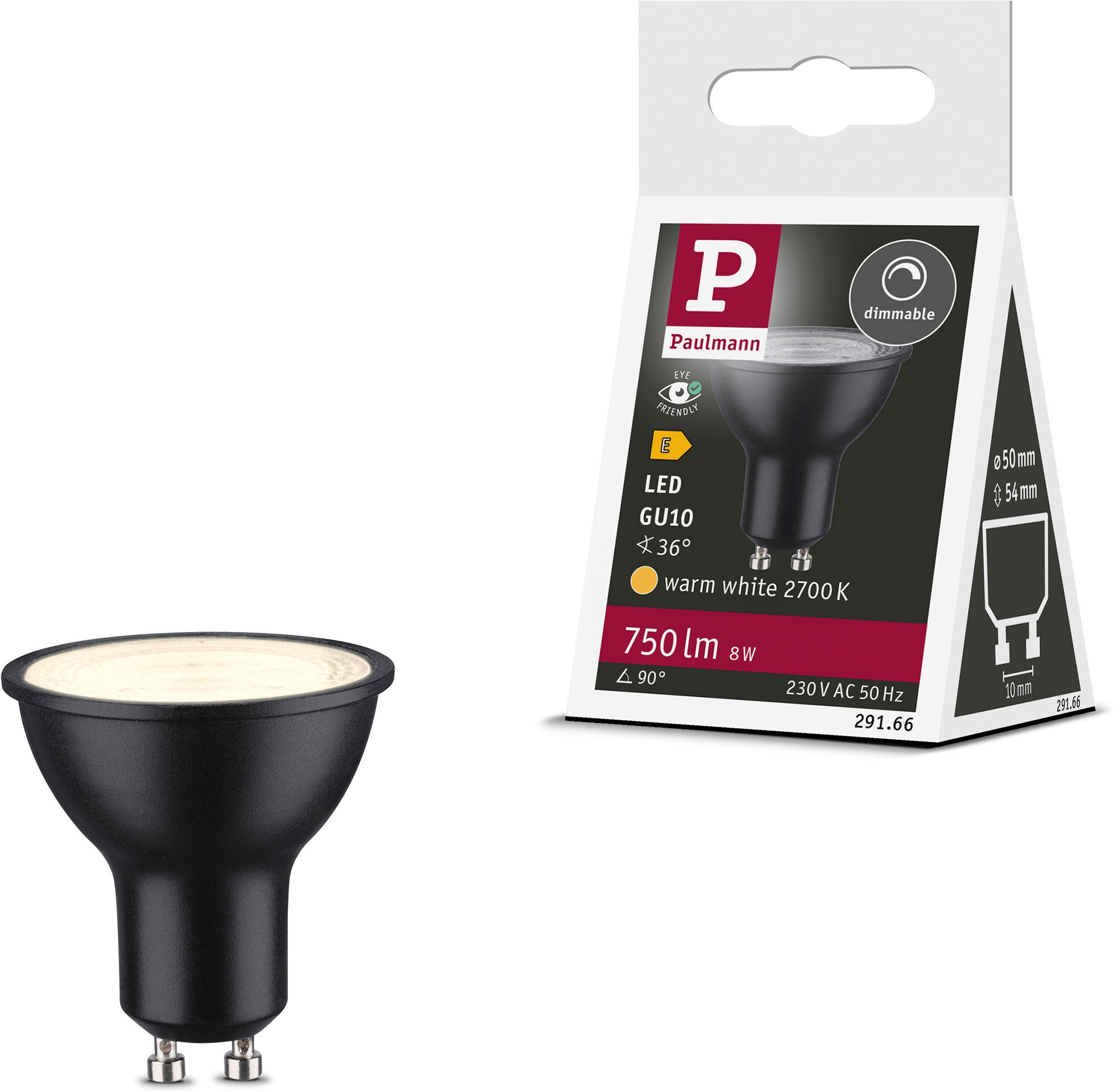 Paulmann LED-Leuchtmittel »750lm 2700K 36° schwarz matt dim 8W 230V RAL9004« GU10 1 Stk. Warmweiß Dimmbar