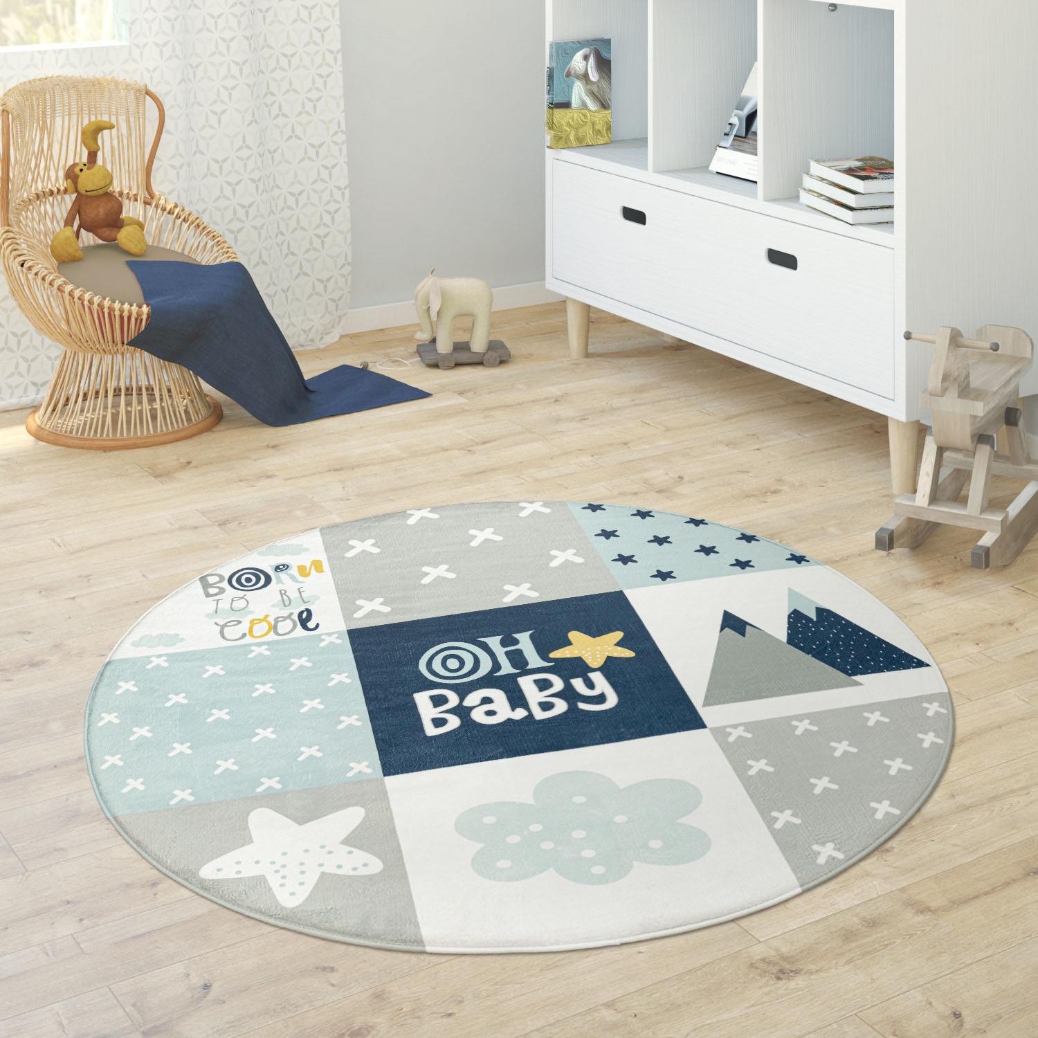 Paco Home Kinderteppich »Chicos 554«, rund, 2 mm Höhe, gewebt, Patchwork Design, mit Schriftzug & Regenbogen oder Sternen