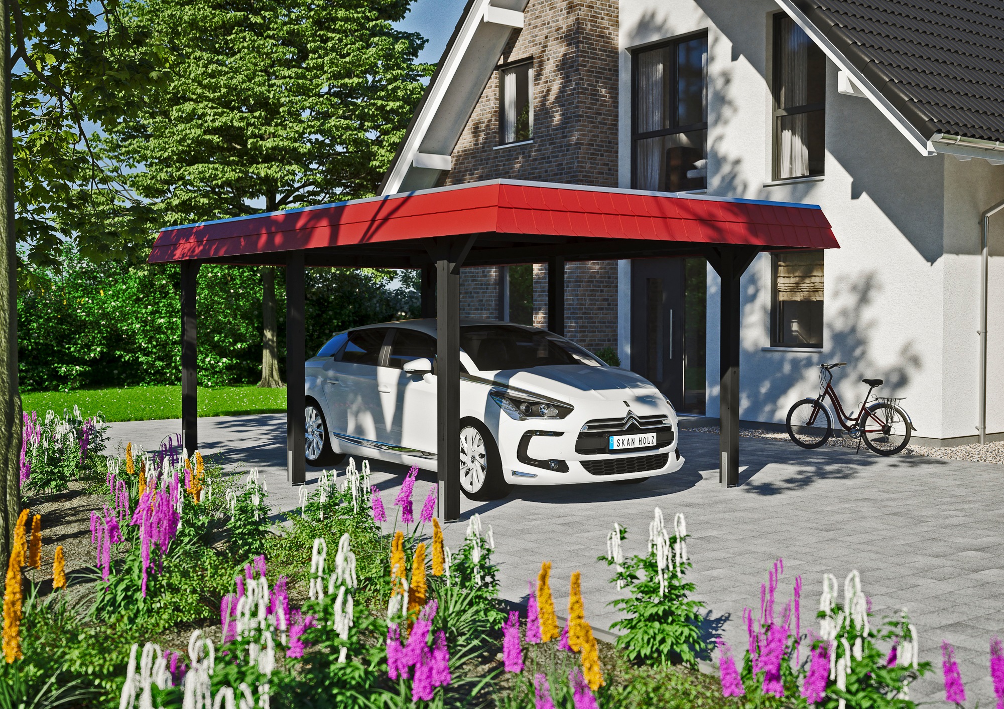 Skanholz Einzelcarport »Wendland«, 291 cm, Anthrazit, rote Blende