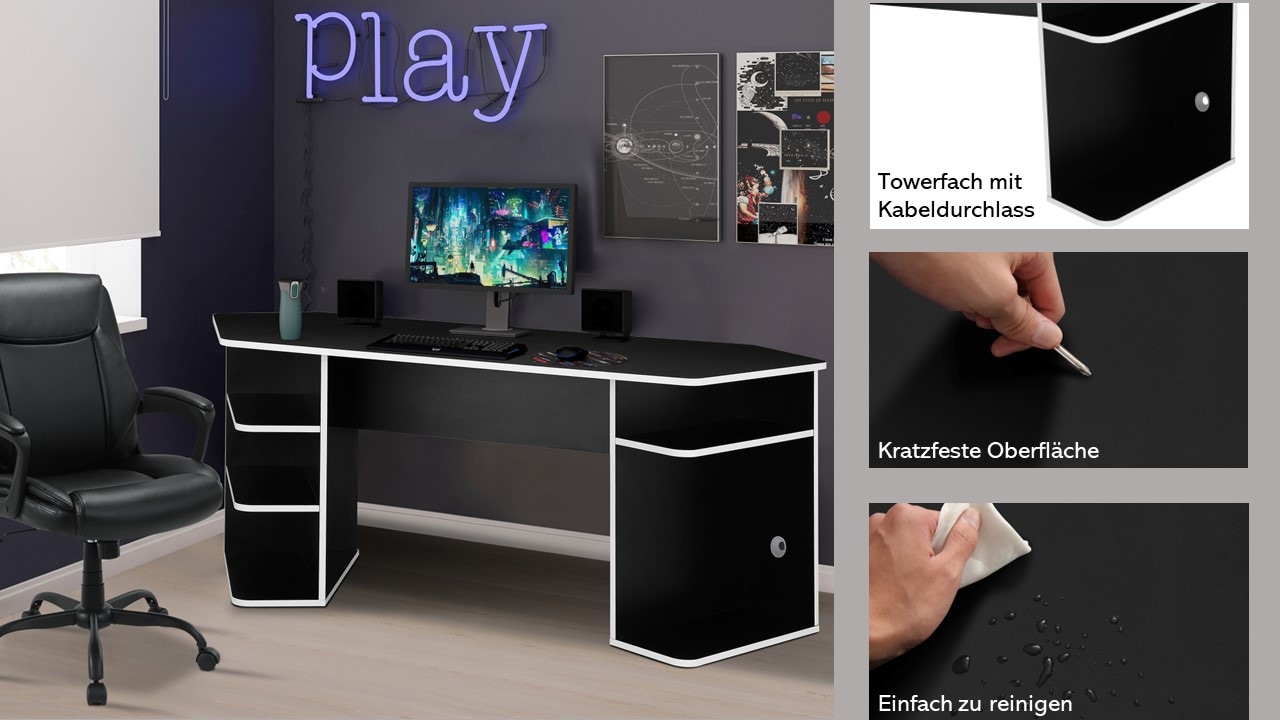 INOSIGN Gamingtisch »Game, Computertisch, Eckschreibtisch«, Towerfach, Kabeldurchlass, asymetrisches Design, Breite 180 cm