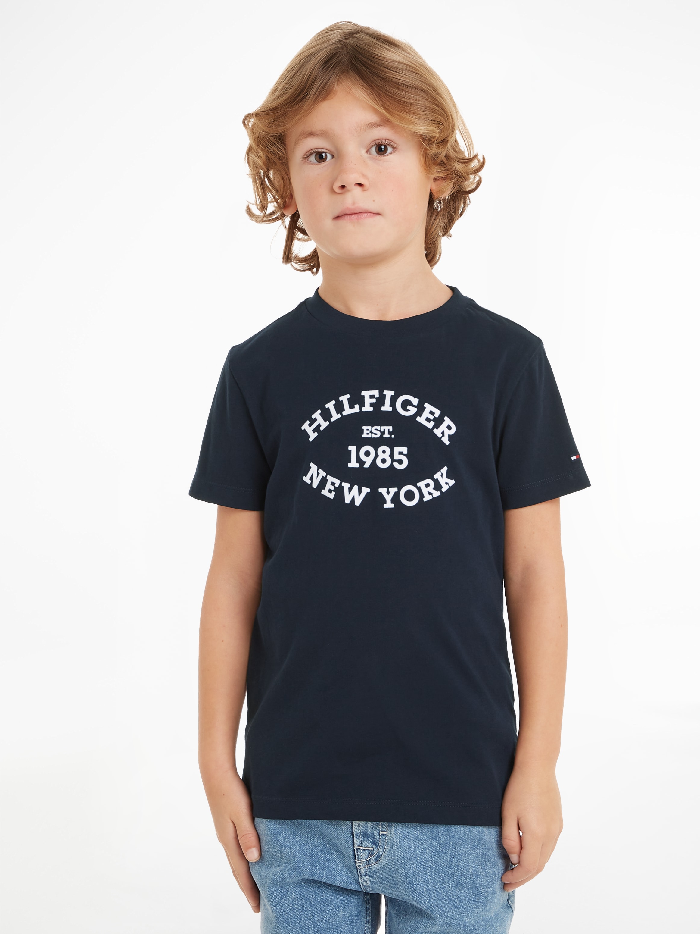 Tommy Hilfiger Rundhalsshirt »MONOTYPE FLOCK REGULAR TEE SS«, mit Frontprint, Rundhlas, Kurzarm