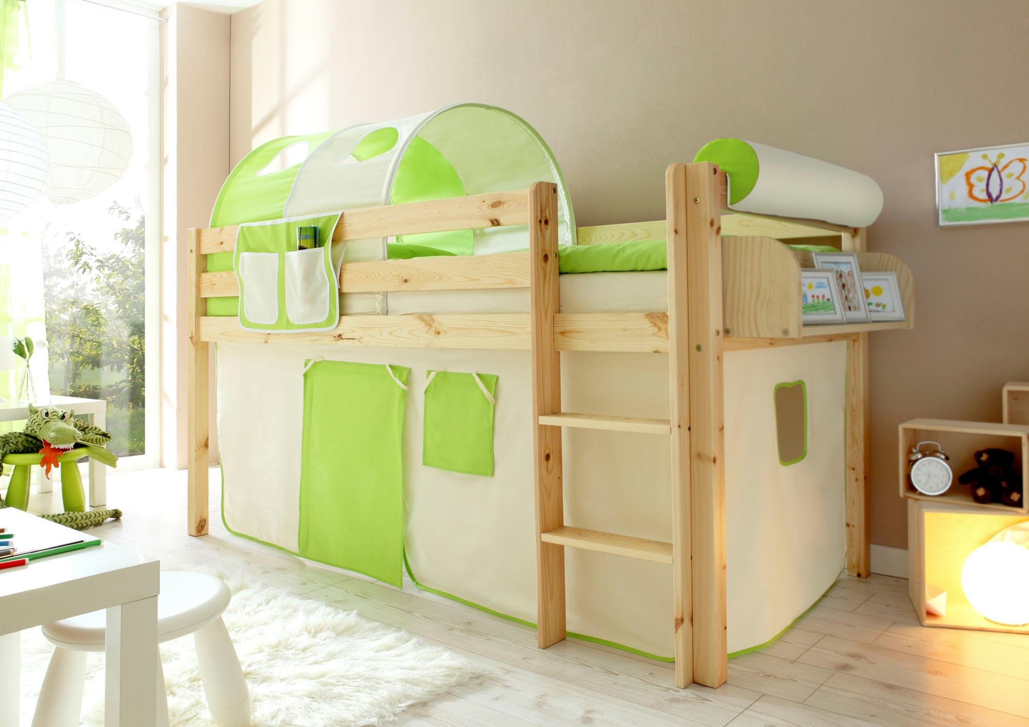 Hochbett TICAA, B:101cm H:114cm L:205cm, beige, Jugendzimmer, Hochbetten, "Malte", mit Rollrost und in verschiedenen Ausführungen wahlweise mit