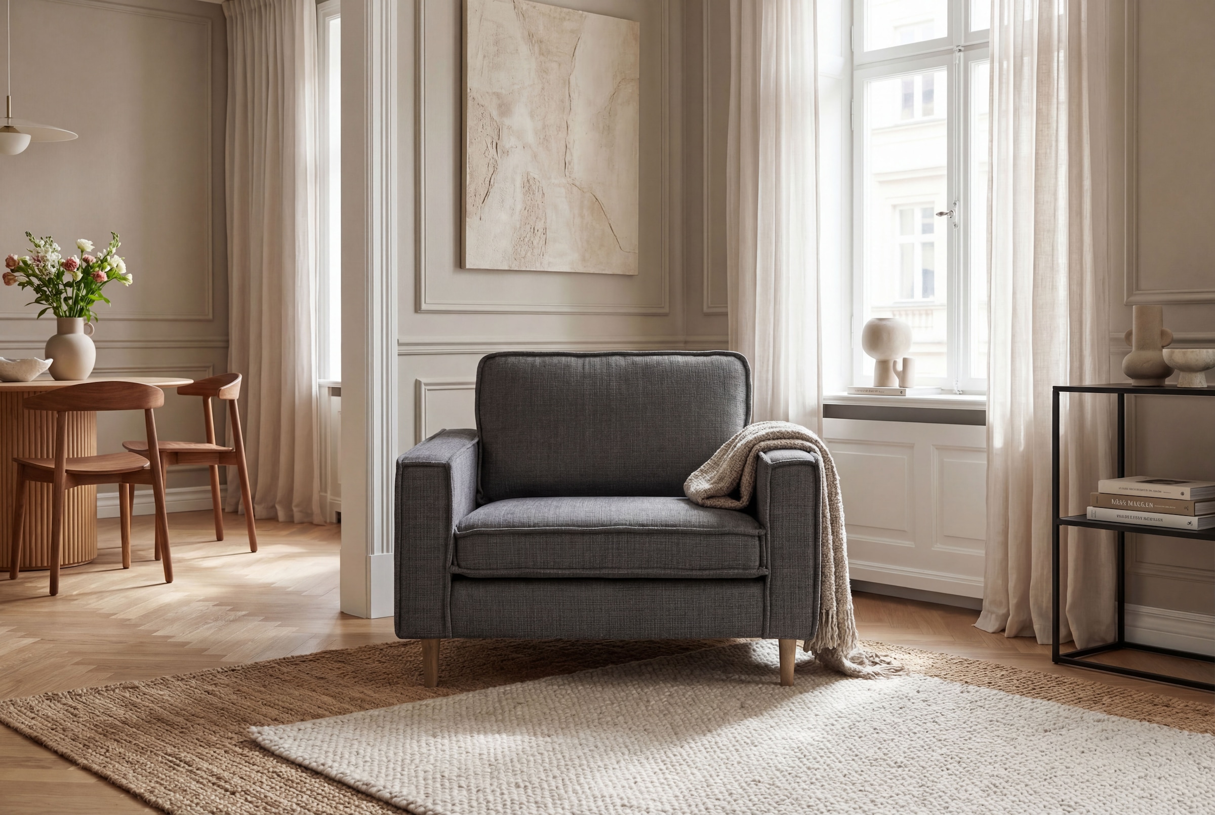 OTTO home Loveseat "Pinto Skandi 105 cm, Chenille, Struktur" mit Keder, Massivholzfüße Eiche geräuchert