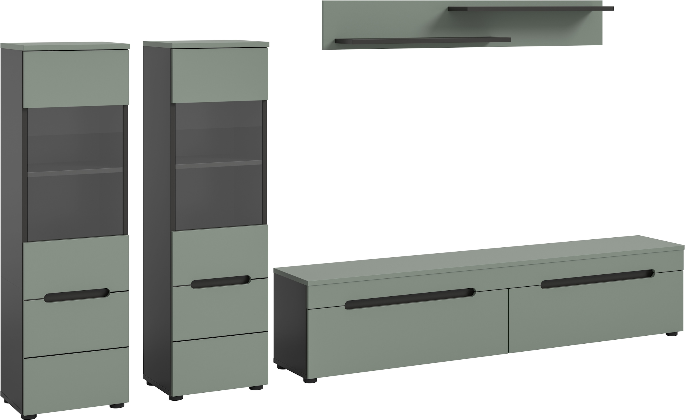 INOSIGN Wohnwand »REHAT, TOPSELLER!, 4-teilig, wahlweise stehend und hängend montierbar«, (3 St., Set bestehend aus: 2x Vitrine, Lowboard und Wandboard), Kombination, Anbauwand, Set, Wohn-Set, Wohnzimmer-Set, Schrankwand