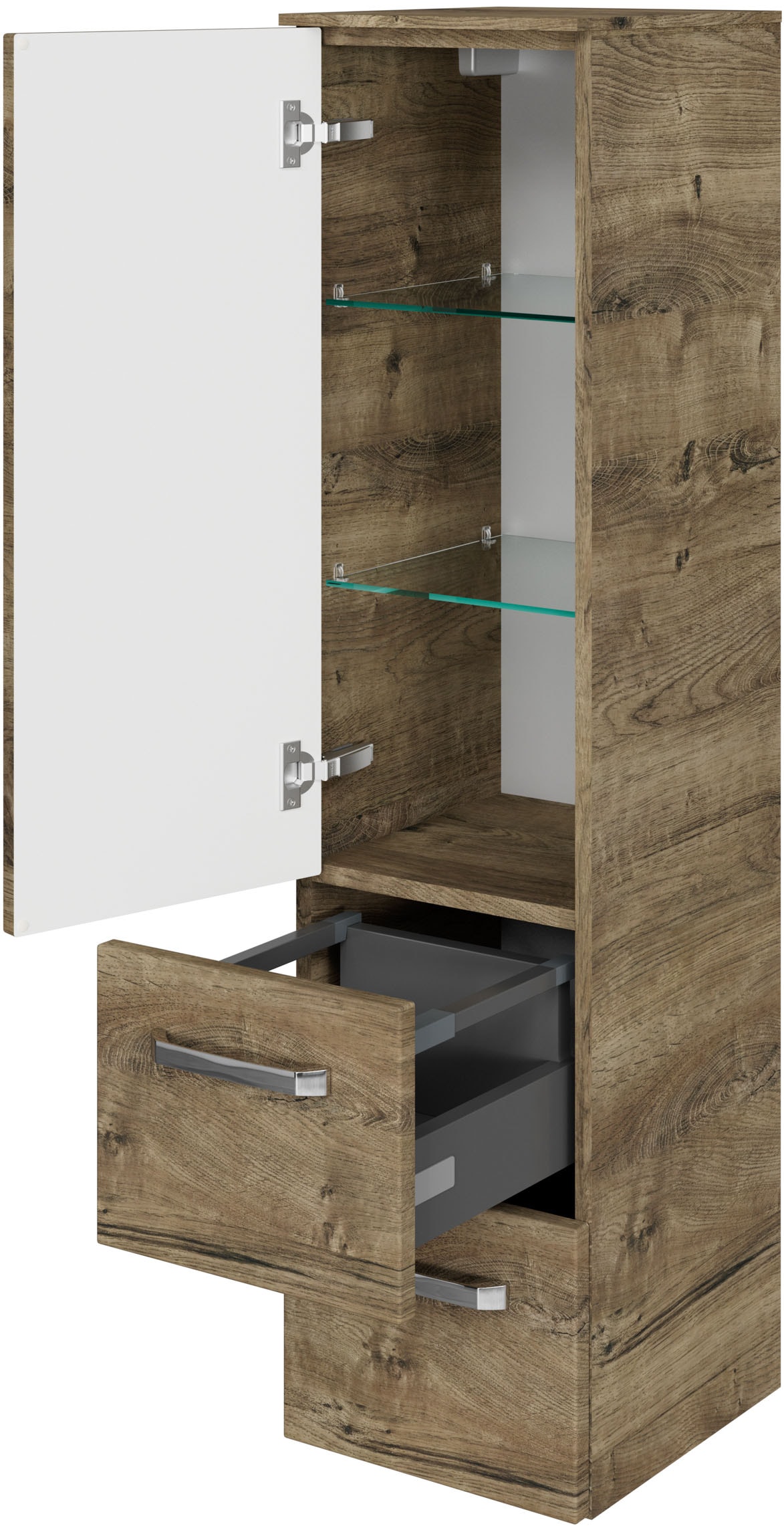 Saphir Midischrank »Serie 4010 Badschrank 30cm breit, 1 Tür, 2 Schubladen, inkl Türdämpfer«, 2 Glas-Einlegeböden, Badezimmer-Midischrank 121 cm hoch, 33 cm tief
