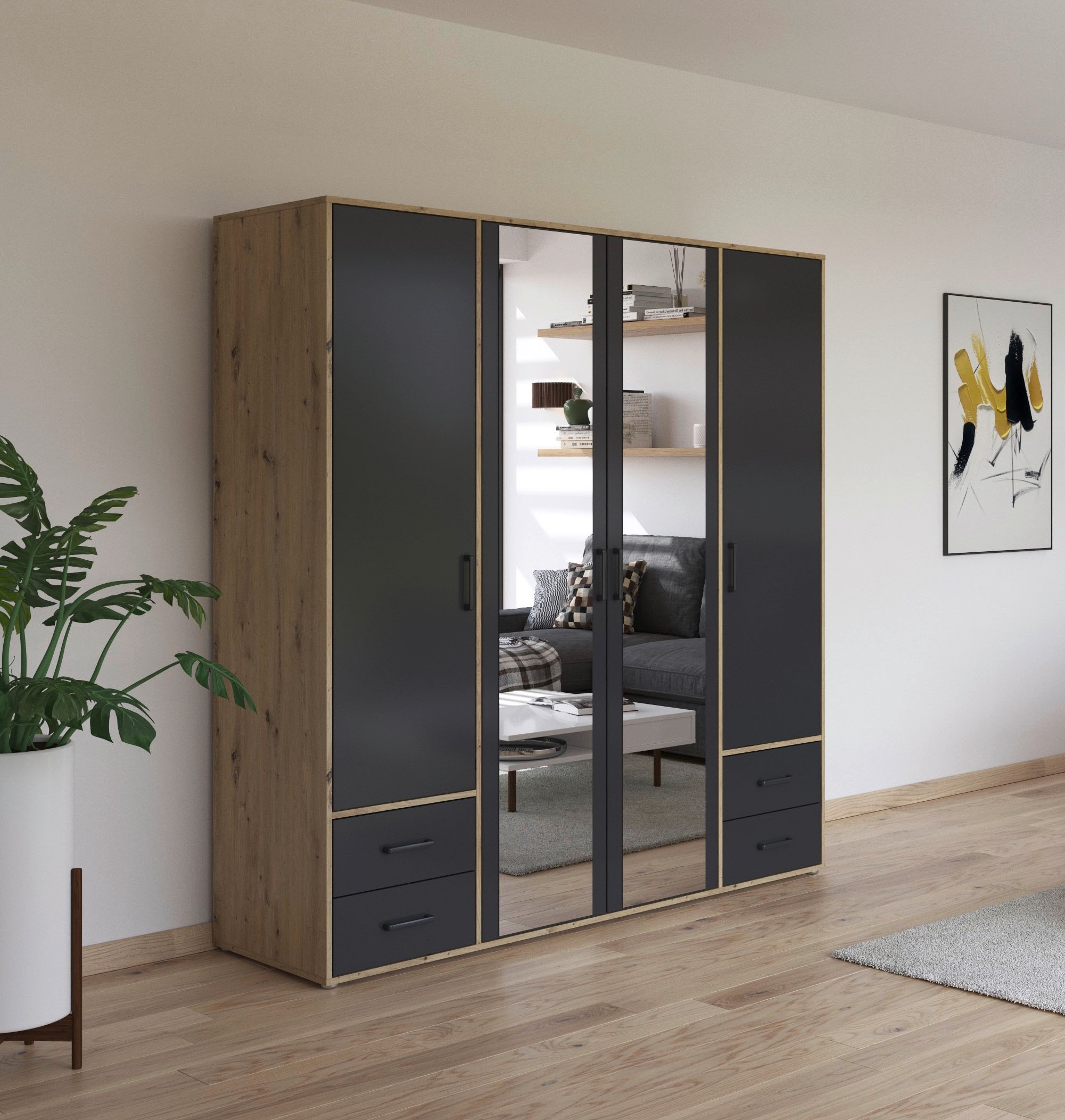 rauch Drehtürenschrank »Kleiderschrank Schrank Garderobe Wäscheschrank VOYAGER«, (in 3 verschiedenen Ausstattungen BASIC/CLASSIC/PREMIUM), mit modernen Griffen in Graumetallic, inkl. Schubkästen und Spiegel