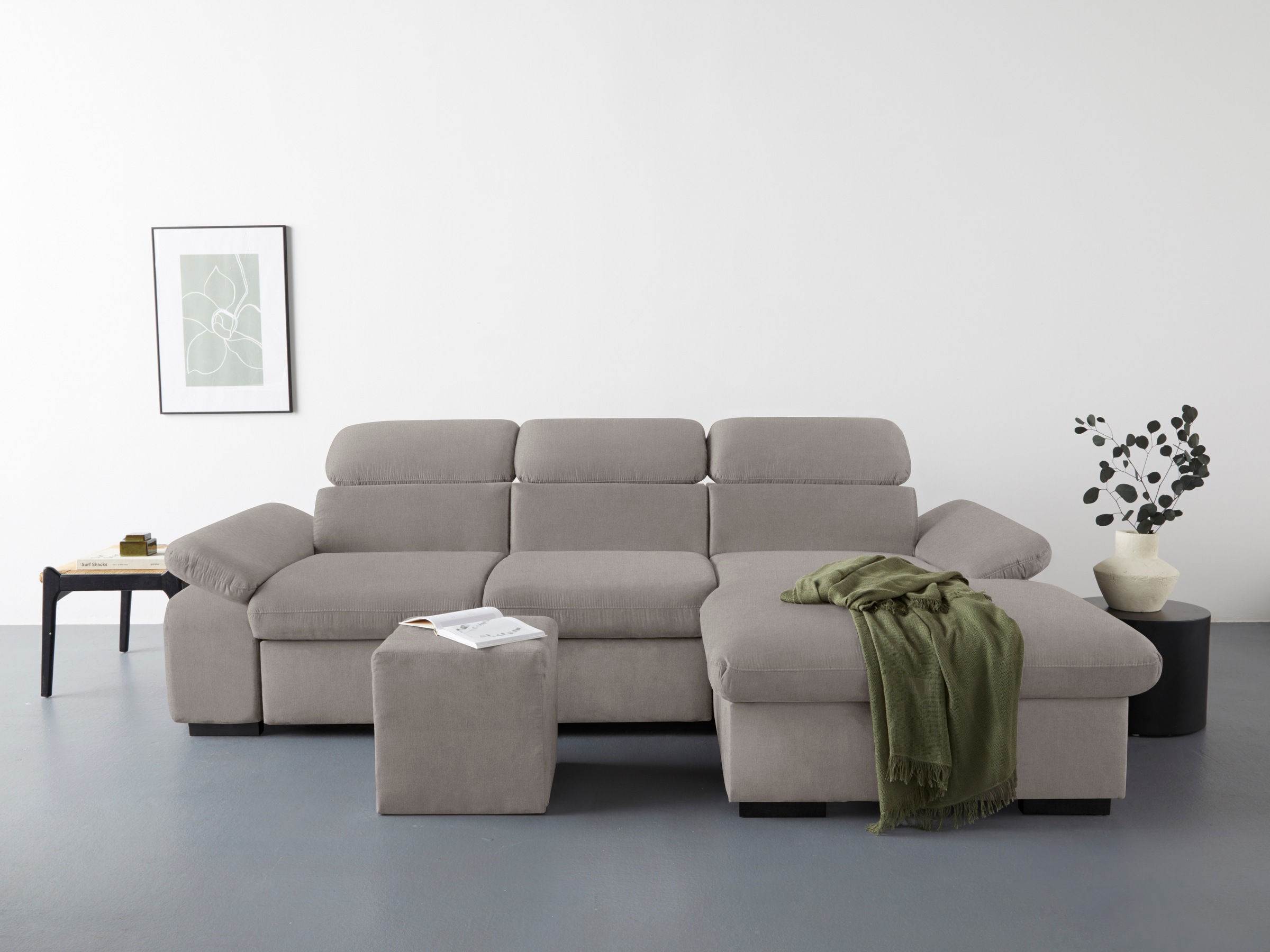 COTTA Ecksofa »Lola L-Form mit Kopfteilfunktion & Hocker«, (Set, mit Hocker), wahlweise mit Bettfunktion, Bettkasten & Armteilverstellung
