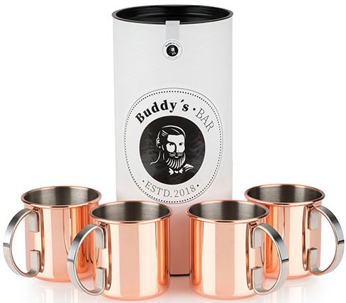 Buddys Becher "Buddy´s Bar", (Set, 4 tlg.), Moscow Mule Becher, 450 ml, hochwertiger Edelstahl, Kupfer Poliert
