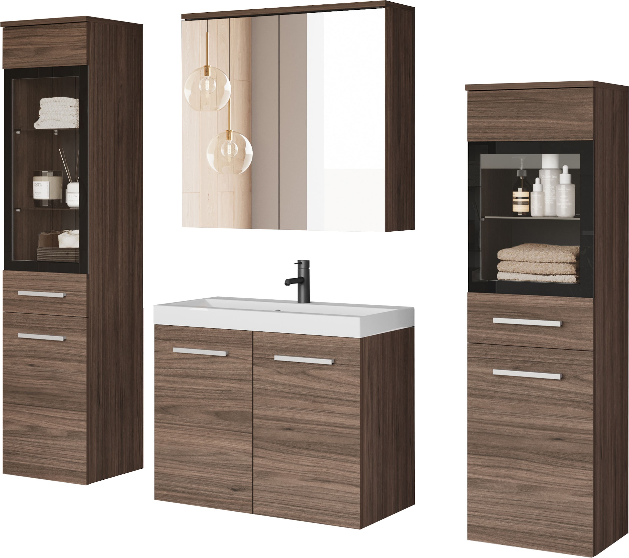 welltime Badmöbel-Set "MADRIT II, Schrank mit Waschbecken, 2 Hänger, Spiegelschrank" Komplett-Set, 5 Stk. tlg.
