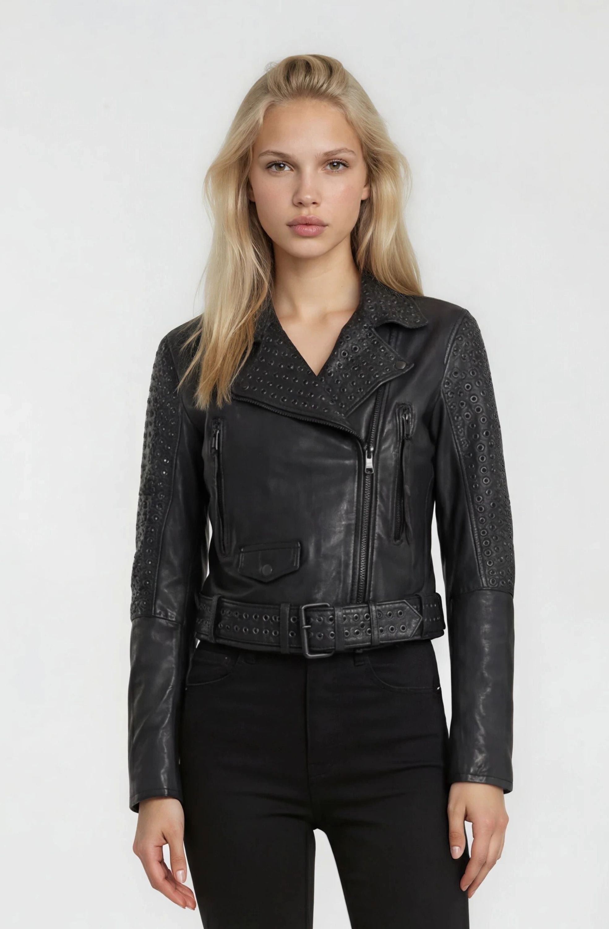 trueprodigy Lederjacke "Raven mit Nieten und Reißverschluss Details" ohne Kapuze