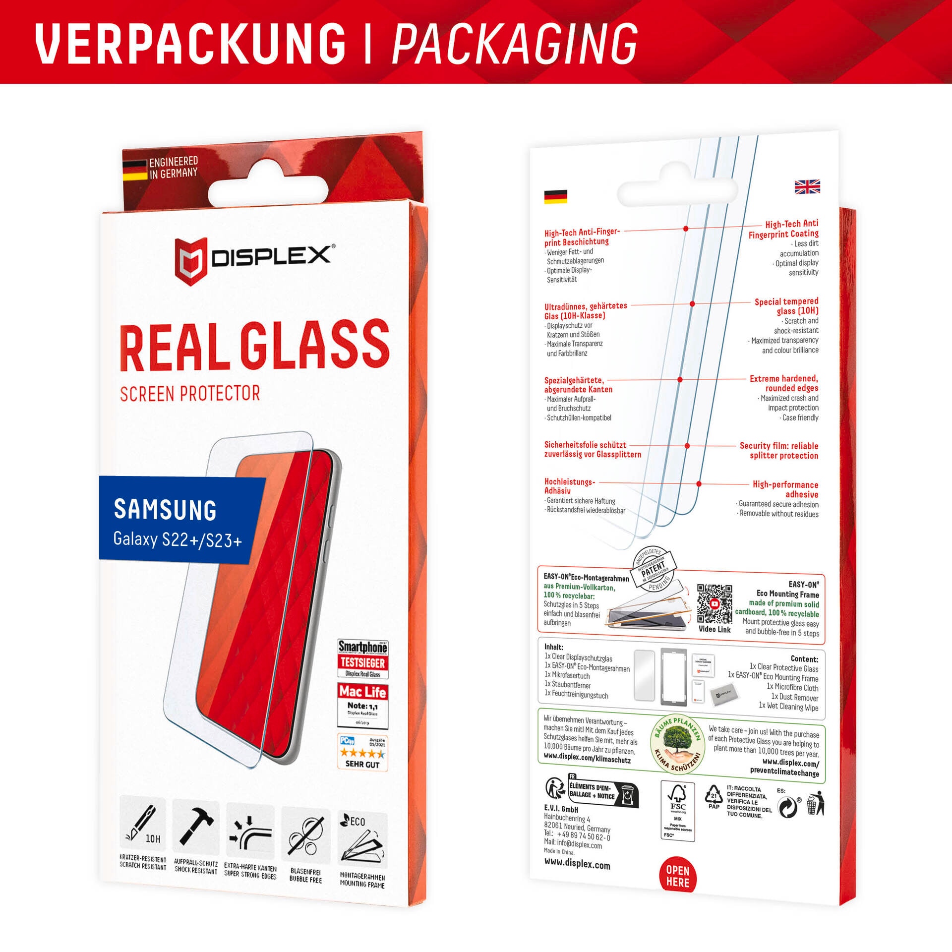 Displex Displayschutzglas »Real Glass - Samsung Galaxy S22+/S23+«, Displayschutzfolie Displayschutz kratzer-resistent 10H splitterfest