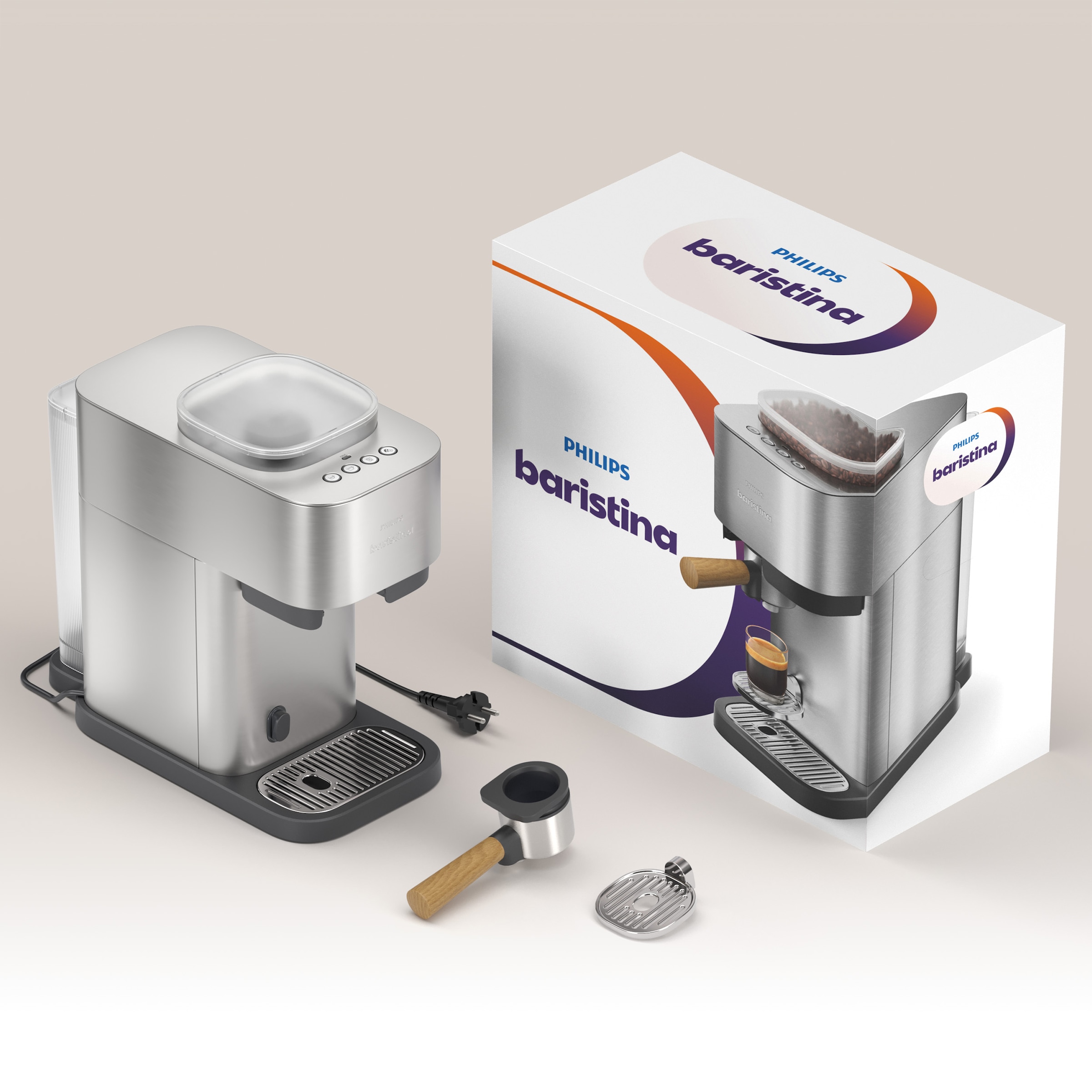 PHILIPS baristina Espressomaschine »Plus in Edelstahl BAR500/00 mit Mahlwerk für ganze Bohnen« Iced Coffee Funktion, 16 bar Pumpendruck, Edelstahl/Eschenholz